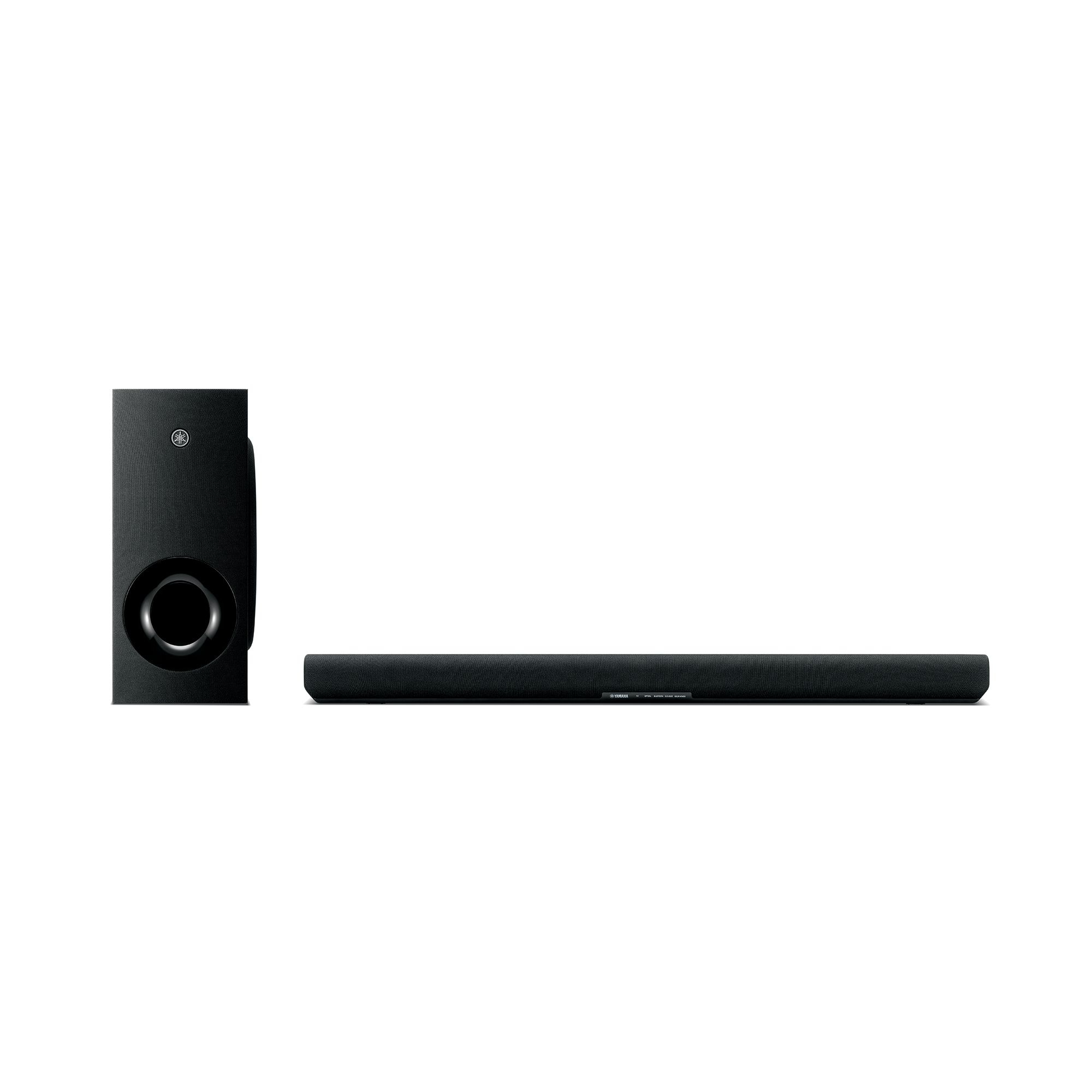 Black soundbar with a subwoofer on the left, isolated on a white background.