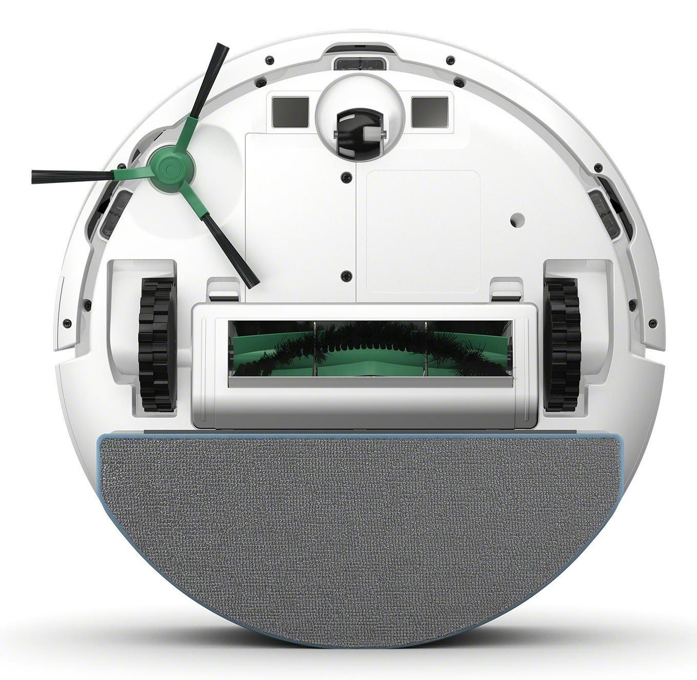 Robot sprzątający, biały, ze szczotkami i niebieską nakładką do mopowania.