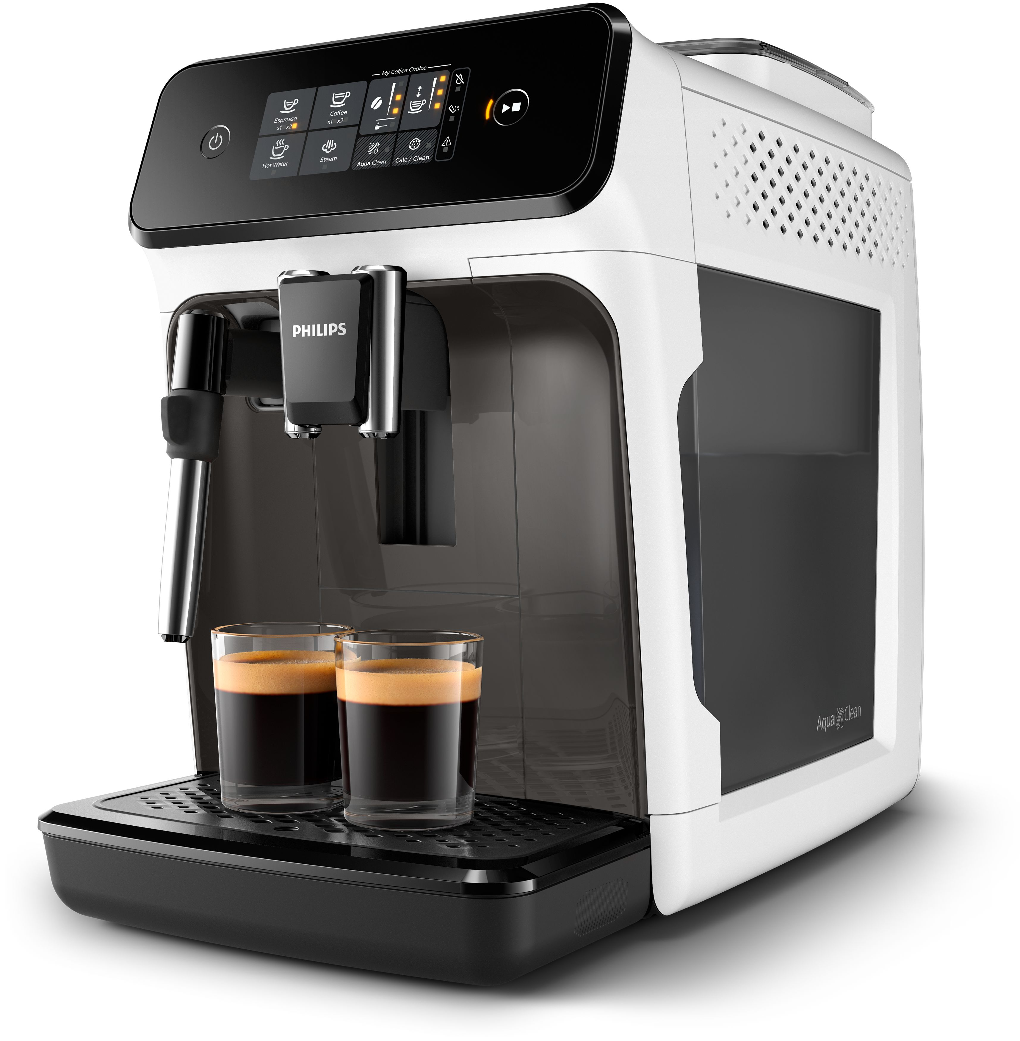 Macchina da caffè bianca e nera con due tazze di caffè. Base nera, sfondo bianco.