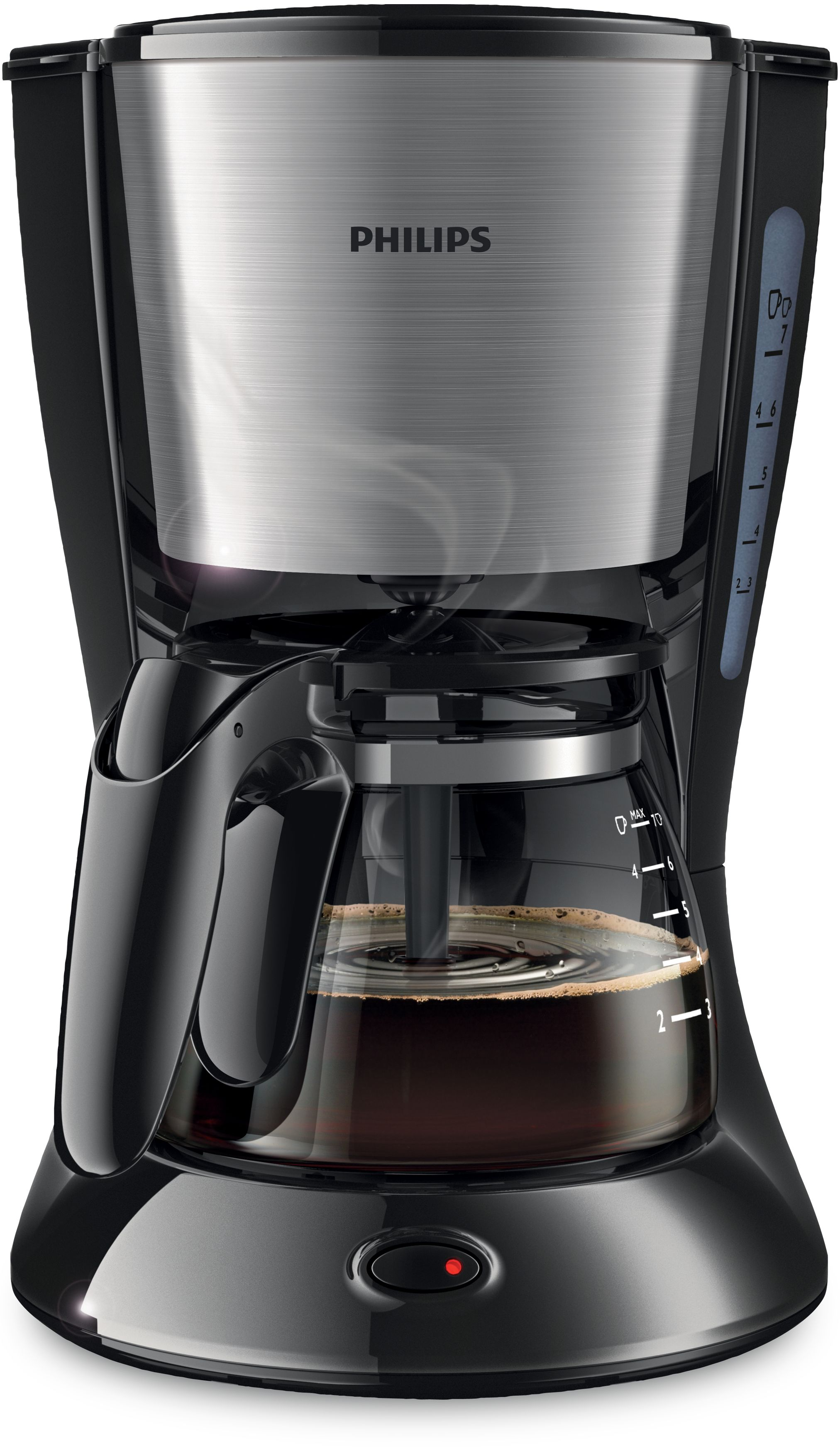 A black Philips coffee maker with a glass carafe, filled with coffee, and a measuring scale.