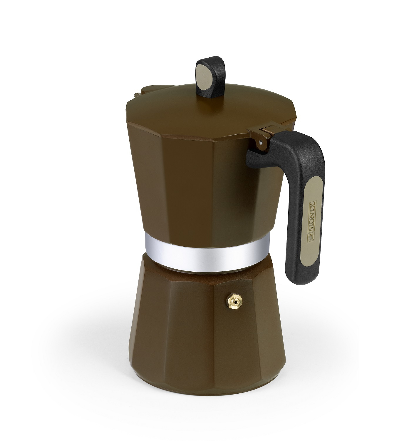 Brązowy ekspres do kawy moka na białym tle. Uchwyt jest czarny, a opaska srebrna.