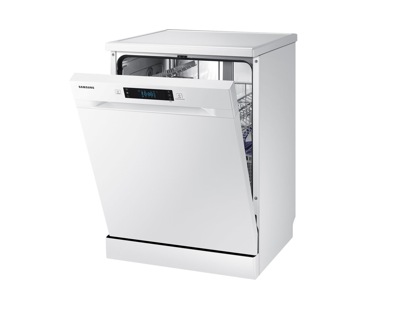 Biała zmywarka Samsung z otwartymi drzwiami na białym tle.