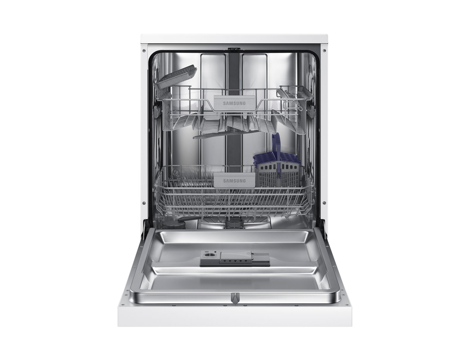 Biała zmywarka z otwartymi drzwiami, pokazująca wewnętrzne półki i elementy.