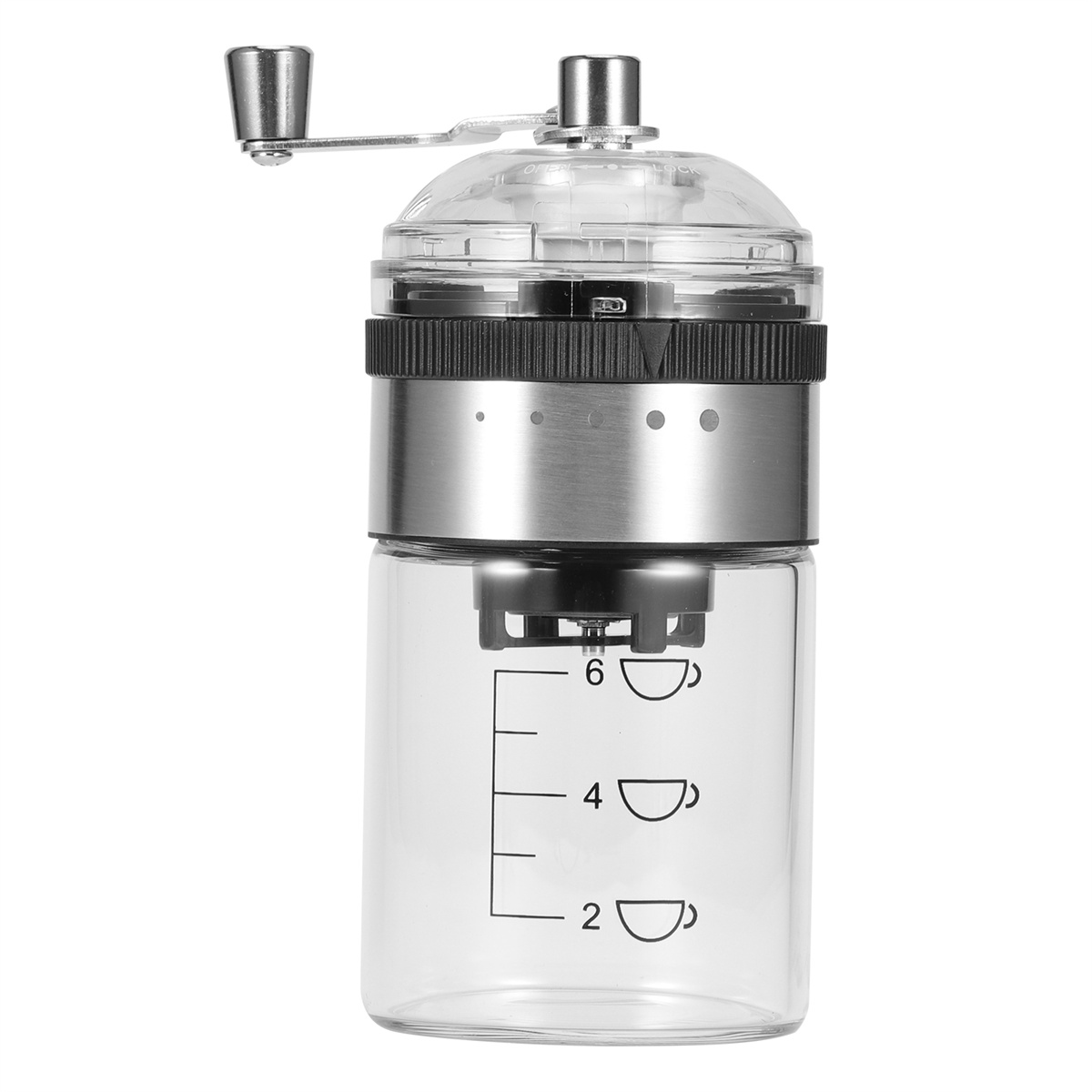 Eine Kaffeemühle mit einem durchsichtigen Glasfuß und einem Griff, auf weißem Hintergrund.