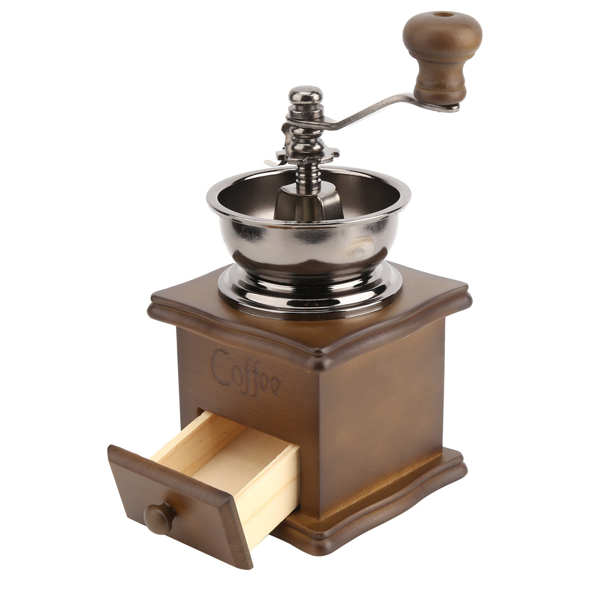 Kaffeemühle aus Holz mit offener Schublade. Metallischer Mahlmechanismus und Griff sind sichtbar.
