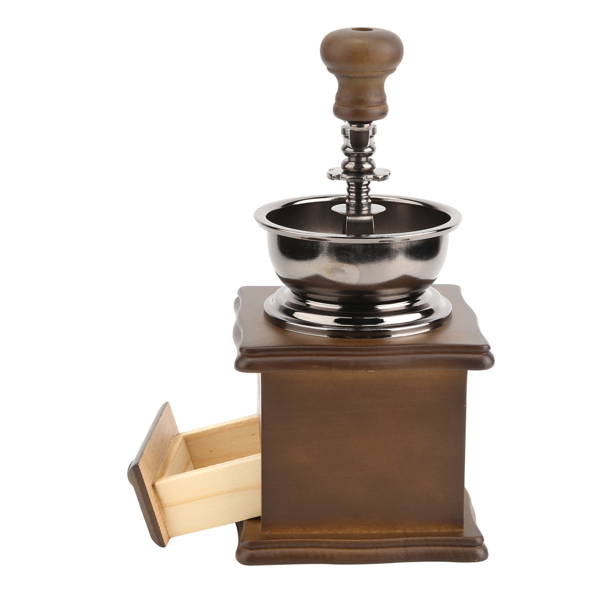 Holz-Kaffeemühle mit offener Schublade. Chrommühle oben, Holzgriff.