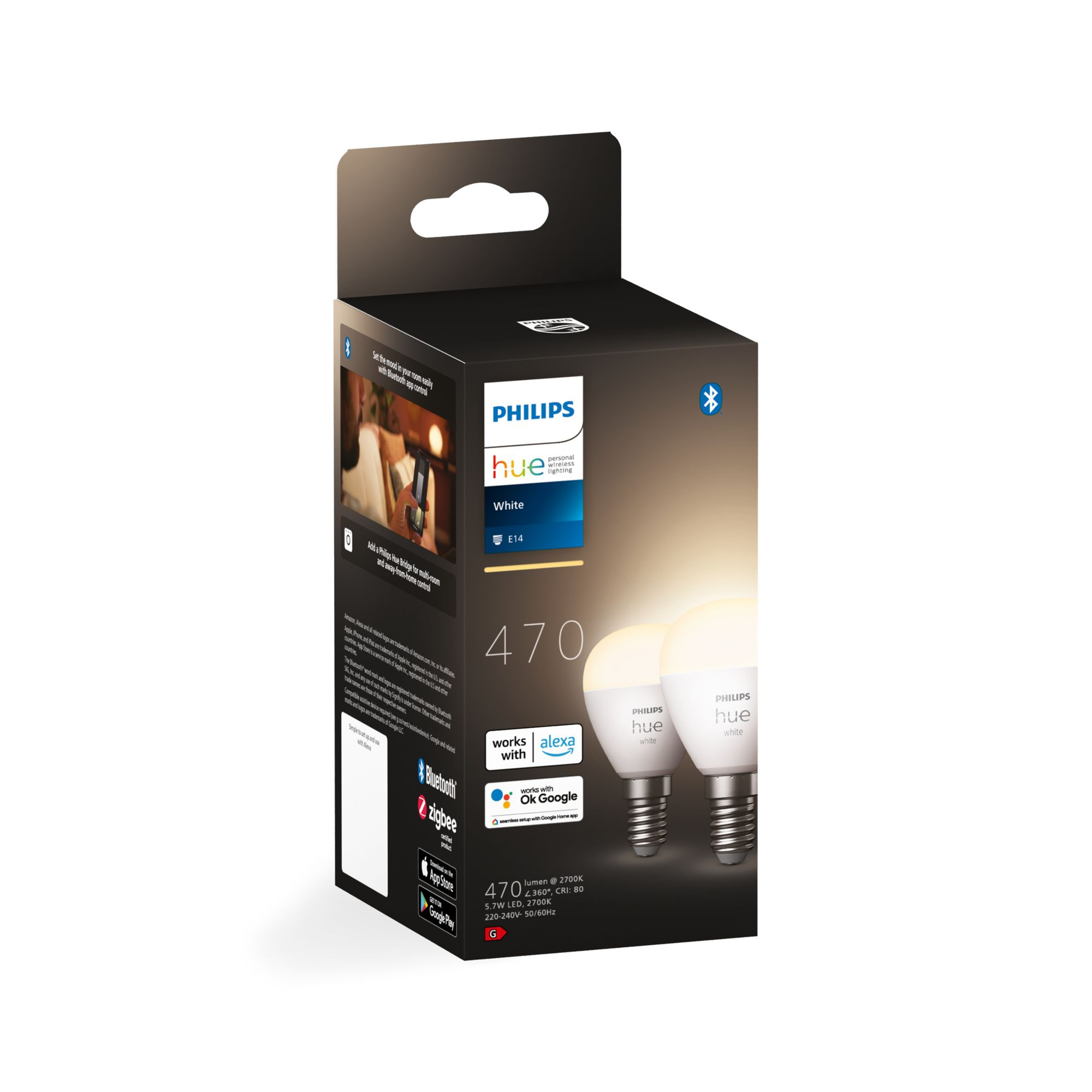 Pudełko żarówek Philips Hue E14 white. Dwie żarówki są widoczne. Pudełko jest czarno-białe.