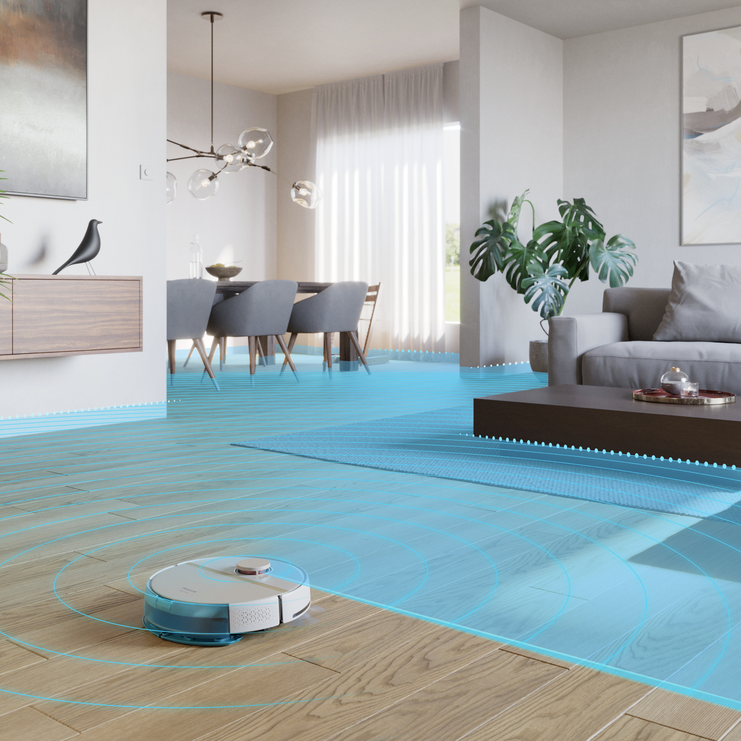 Roboter-Staubsauger reinigt Holzboden, mit modernem Wohnzimmer.