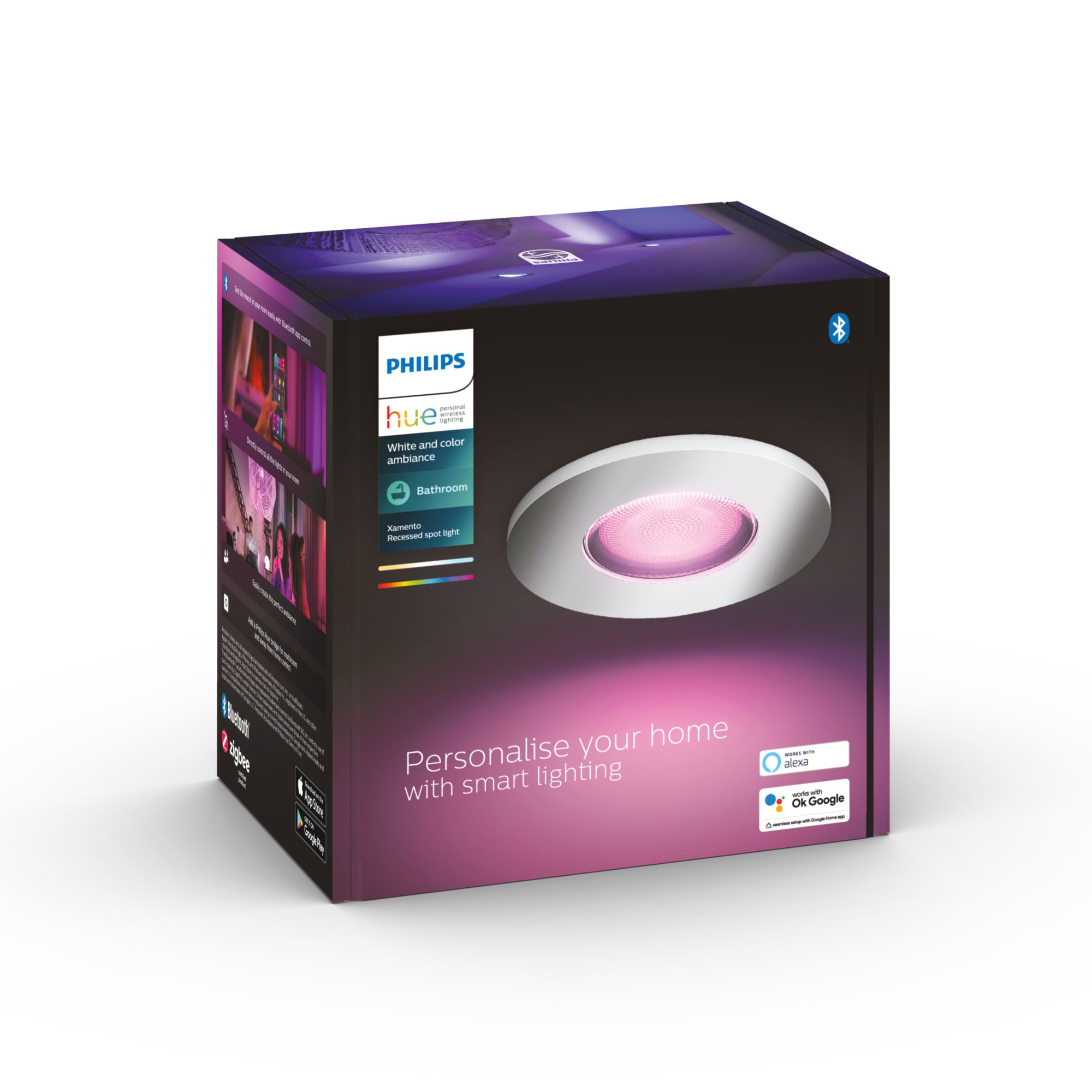 Una scatola di illuminazione intelligente Philips Hue con luce rosa, con nome e immagine del prodotto.