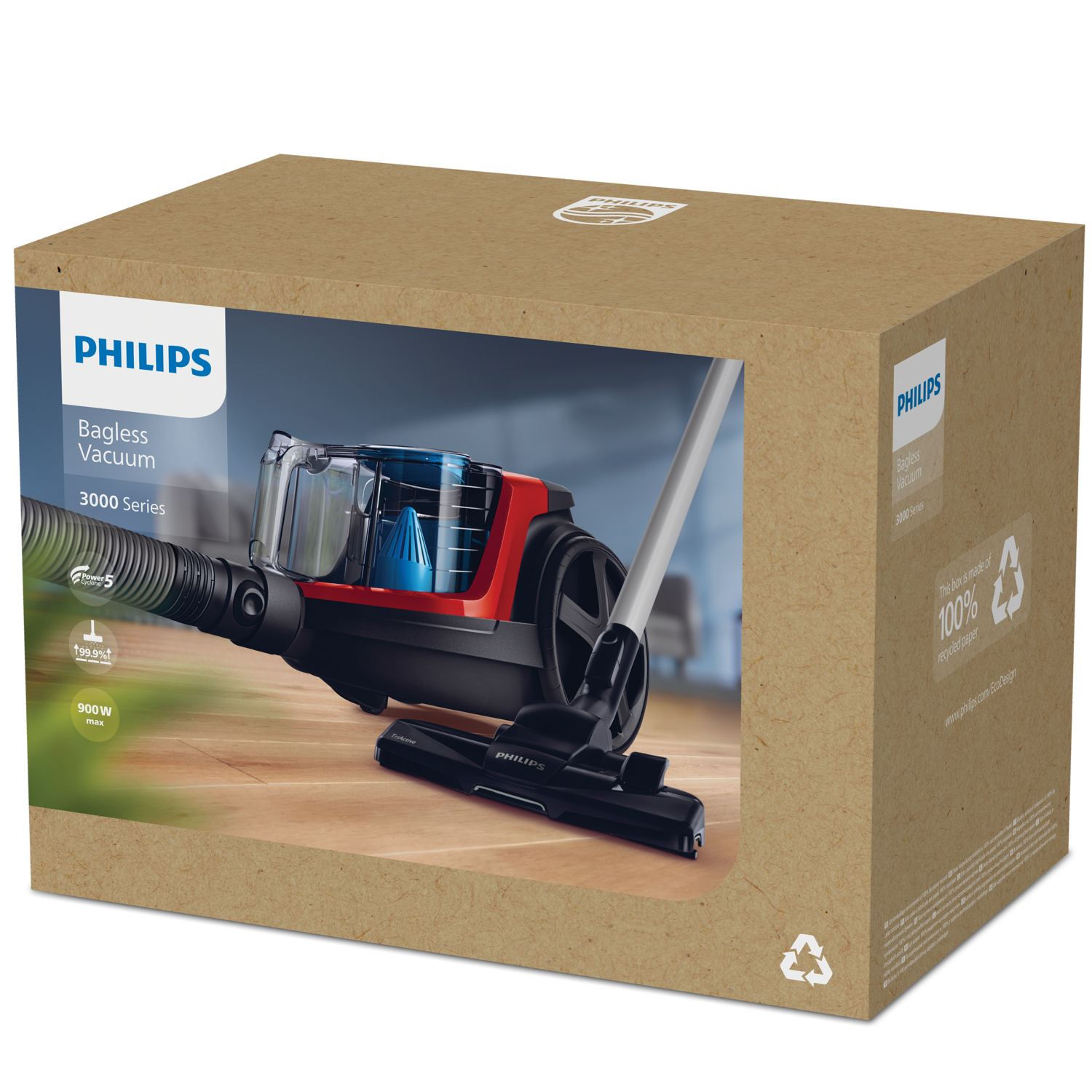 Scatola di un aspirapolvere senza sacco Philips, design rosso e nero, mostra l'aspirapolvere.