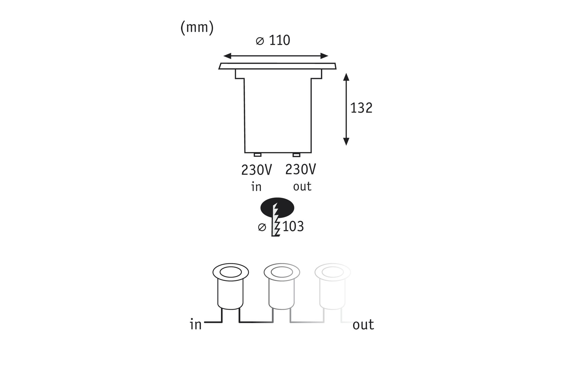 Schemat urządzenia elektrycznego z wymiarami i połączeniami.
