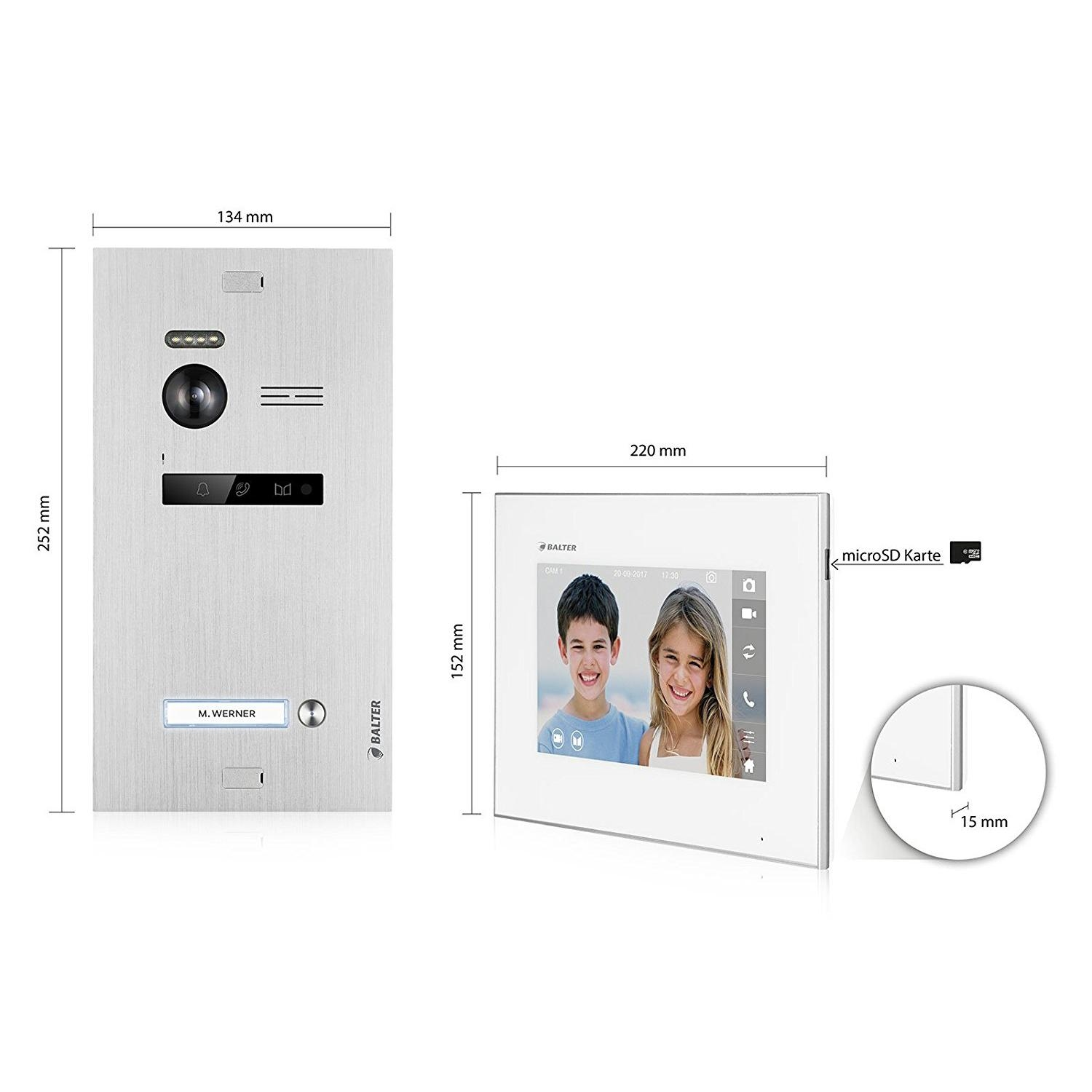 Silbernes Intercom-System mit Kamera und Bildschirm, Maße in mm. Zeigt zwei Kinder auf dem Bildschirm.