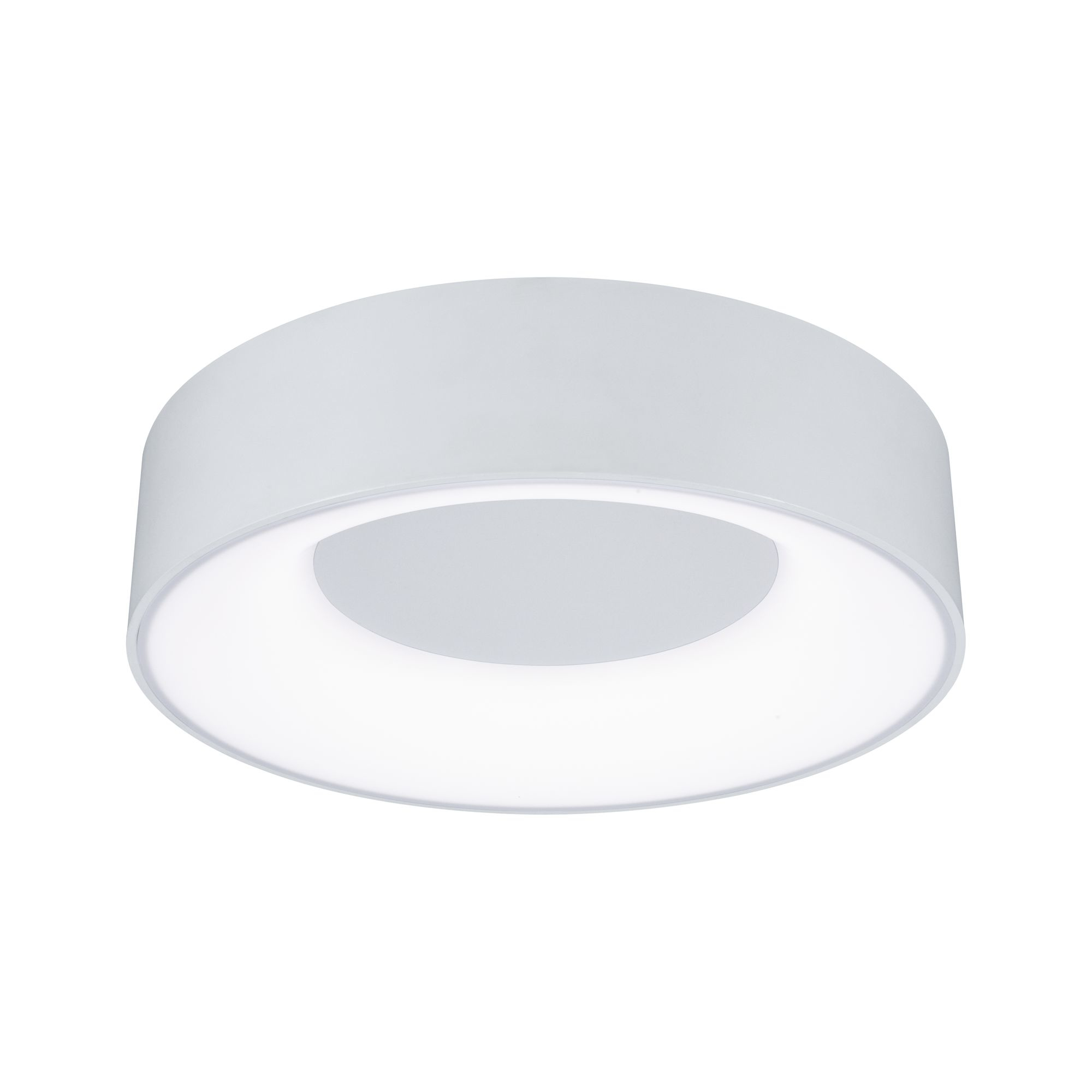 Lampada da soffitto bianca e rotonda. Design circolare con centro incassato, estetica minimalista e moderna.