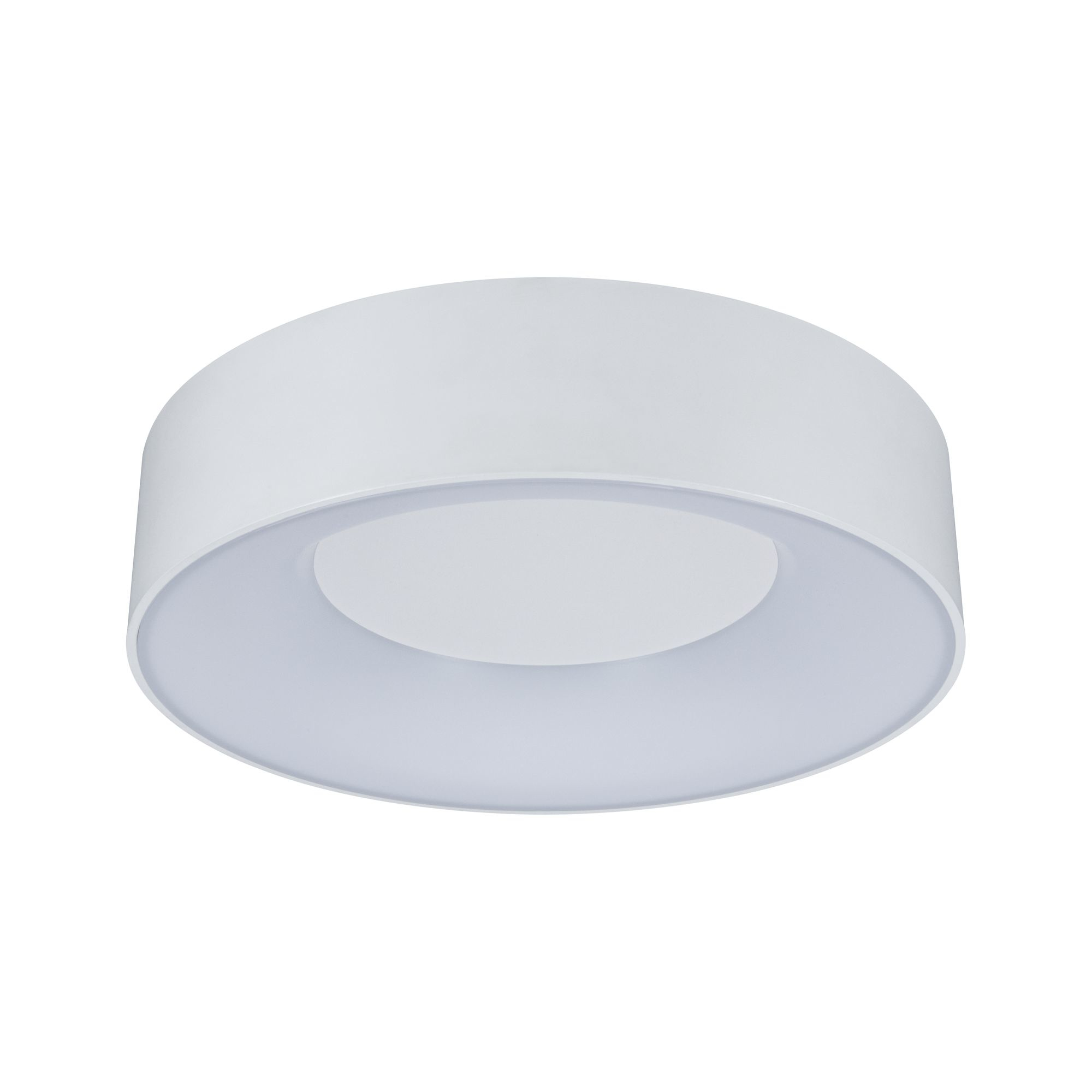 Una luce da soffitto circolare bianca con un anello interno incassato, su sfondo bianco.