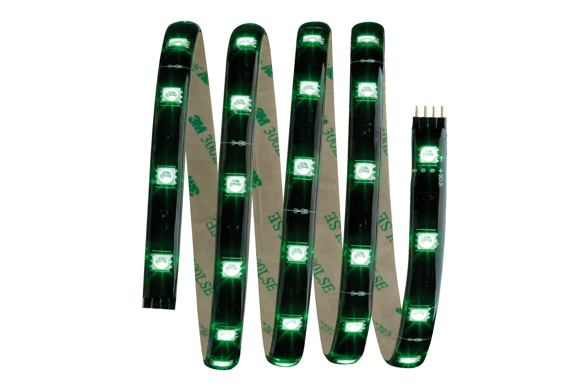 Striscia luminosa LED verde arrotolata, con nastro 3M sul retro, su sfondo bianco.