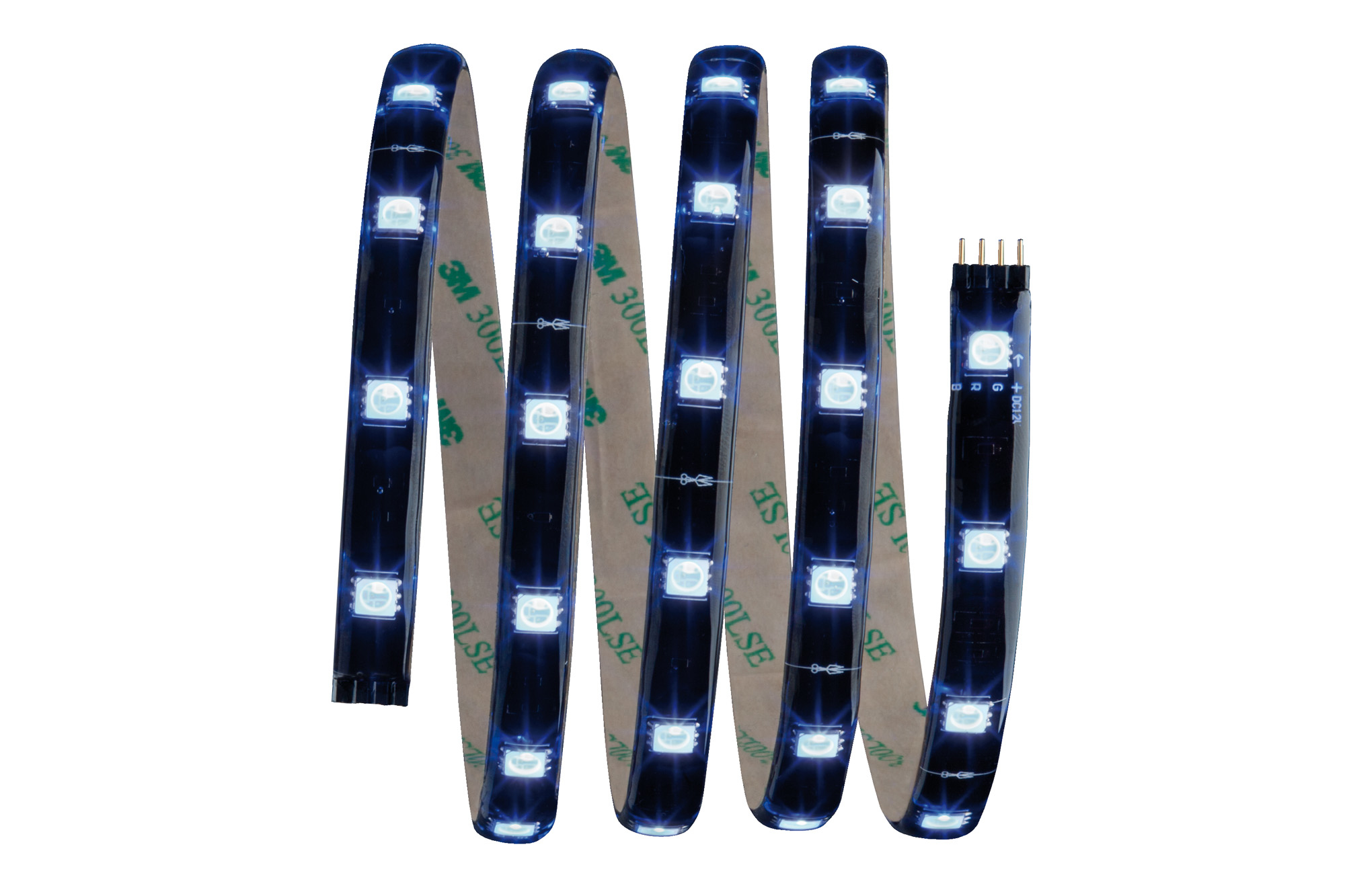 Una striscia flessibile di luci a LED con retro adesivo, arrotolata su sfondo bianco.