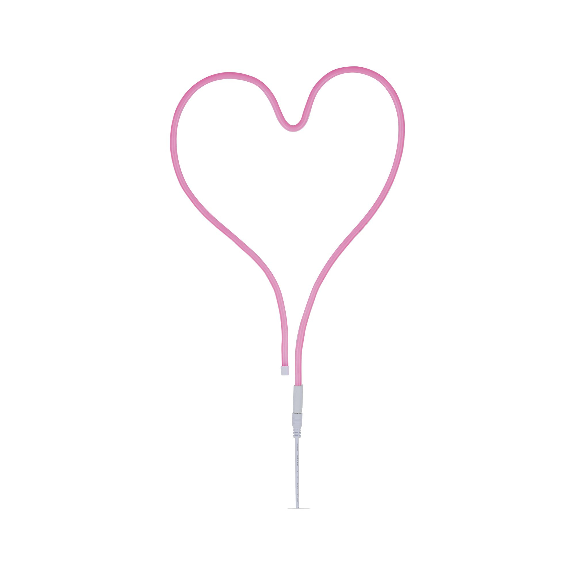 Luce a forma di cuore al neon rosa con un cavo di alimentazione bianco, su sfondo bianco.