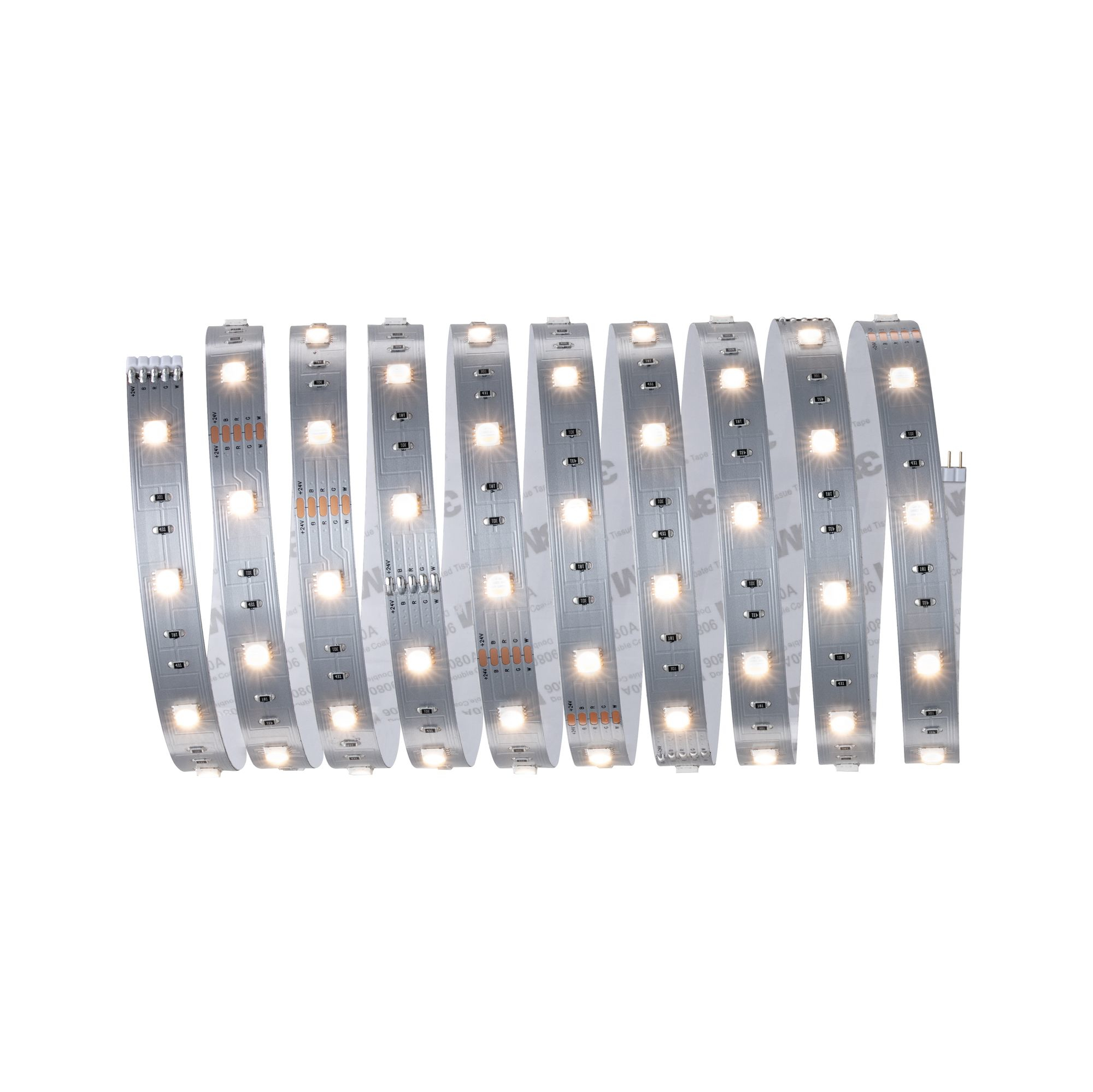 Gebogenes LED-Band, leuchtend, auf weißem Hintergrund. Kleberückseite sichtbar.