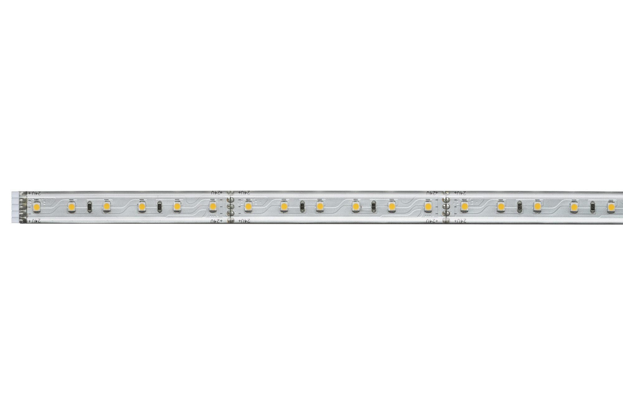 Lineares LED-Lichtband, silber mit gleichmäßig verteilten gelben LEDs, auf weißem Hintergrund.