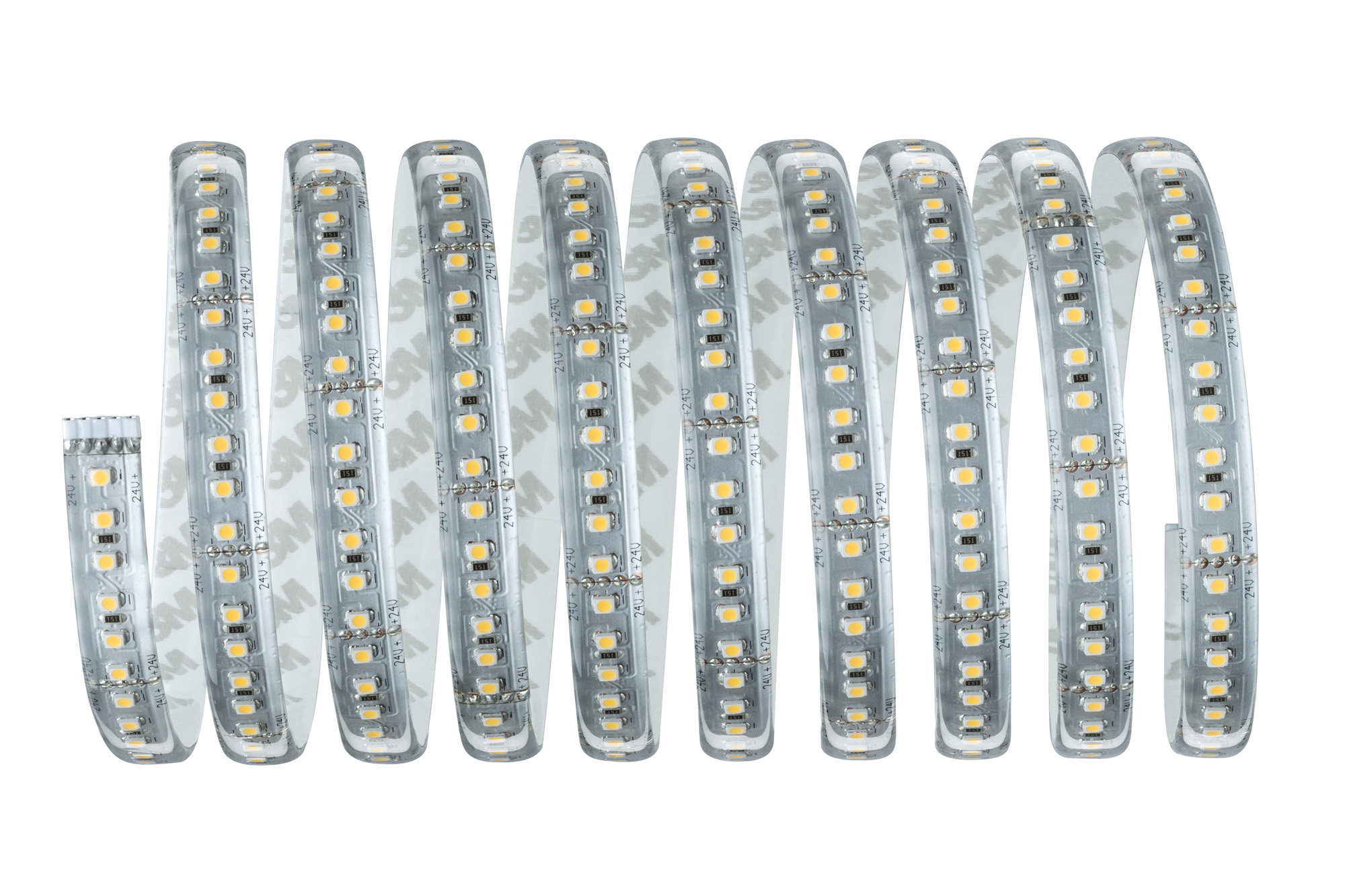 Aufgerollte LED-Streifen. Das Klebeband ist weiß mit gleichmäßig verteilten warmweißen Lichtern.