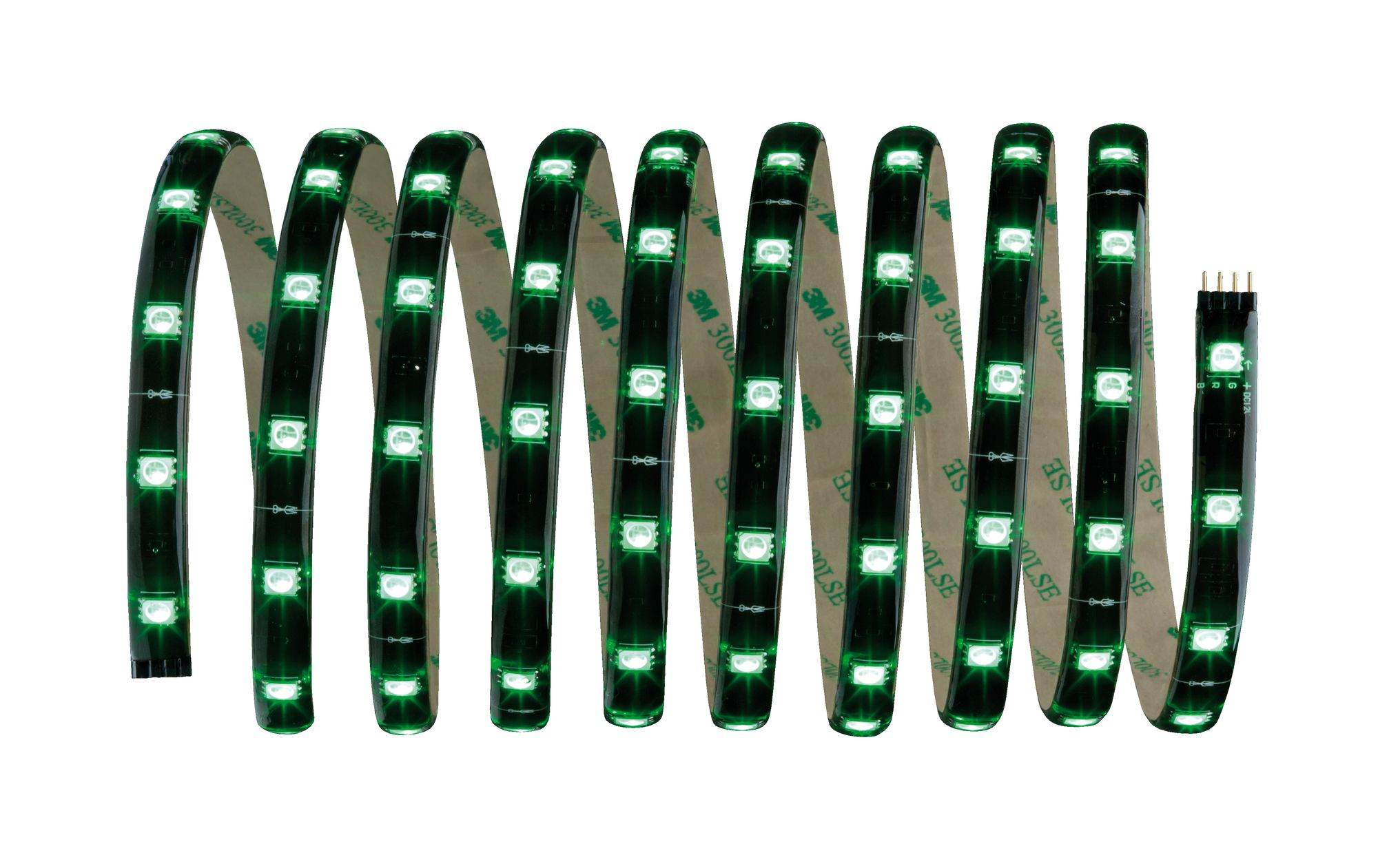 Grüner LED-Streifen auf Weiß gerollt, mit 3M-Klebeband. Der Streifen ist gebogen. Weißer Hintergrund. Schwarze Komponenten.