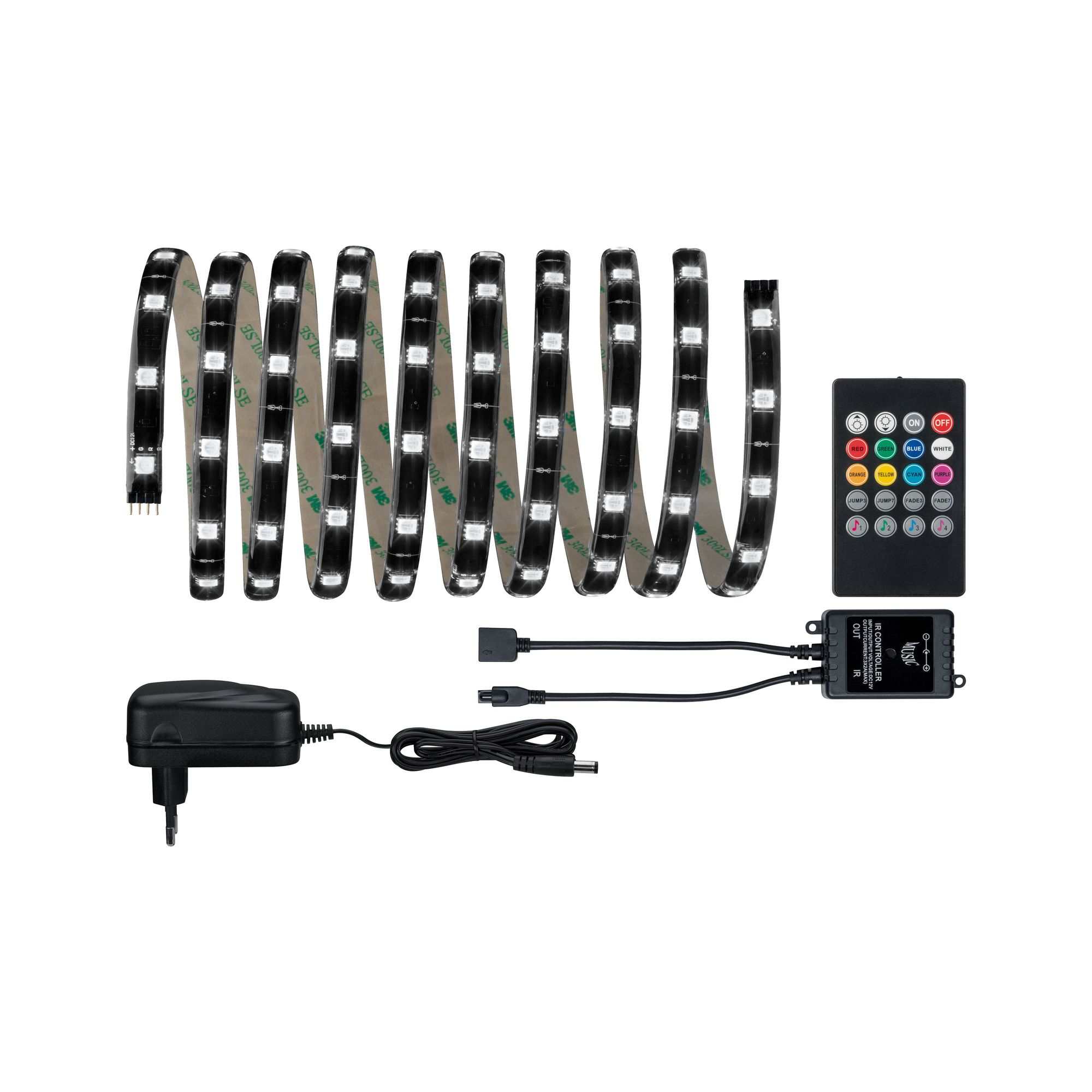 LED-Streifenlichter mit Fernbedienung, Netzteil und Steuereinheit.