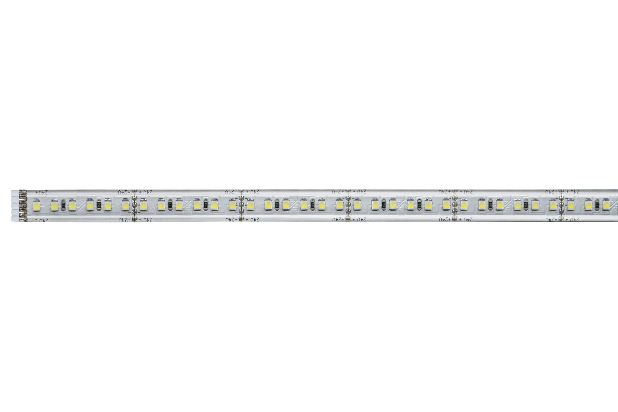 Ein langer, dünner Streifen weißer LED-Leuchten. Die Lichter sind gleichmäßig verteilt.
