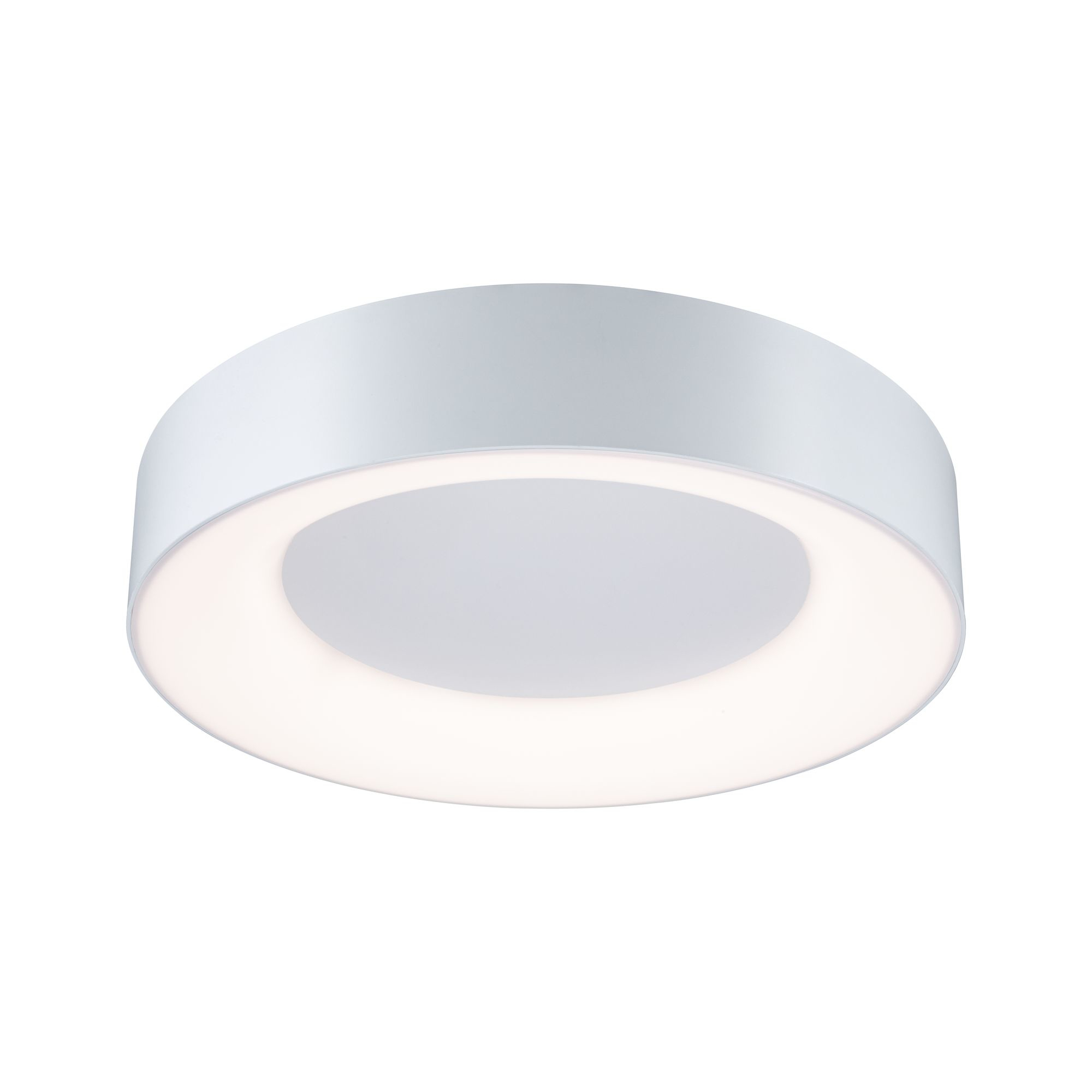 Plafonnier rond blanc avec un cercle intérieur lumineux.