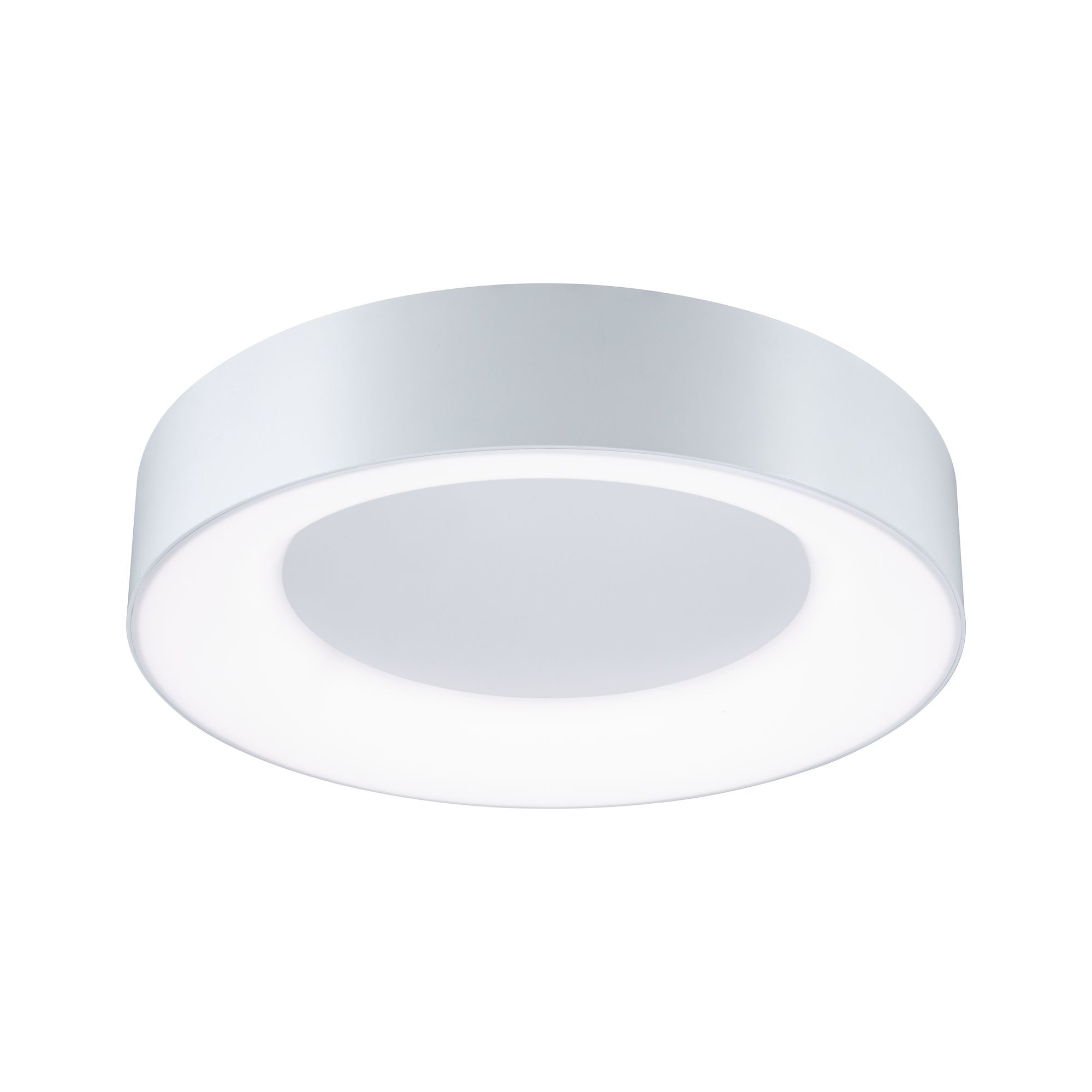 Plafonnier circulaire blanc avec une lumière centrale. Fond blanc.