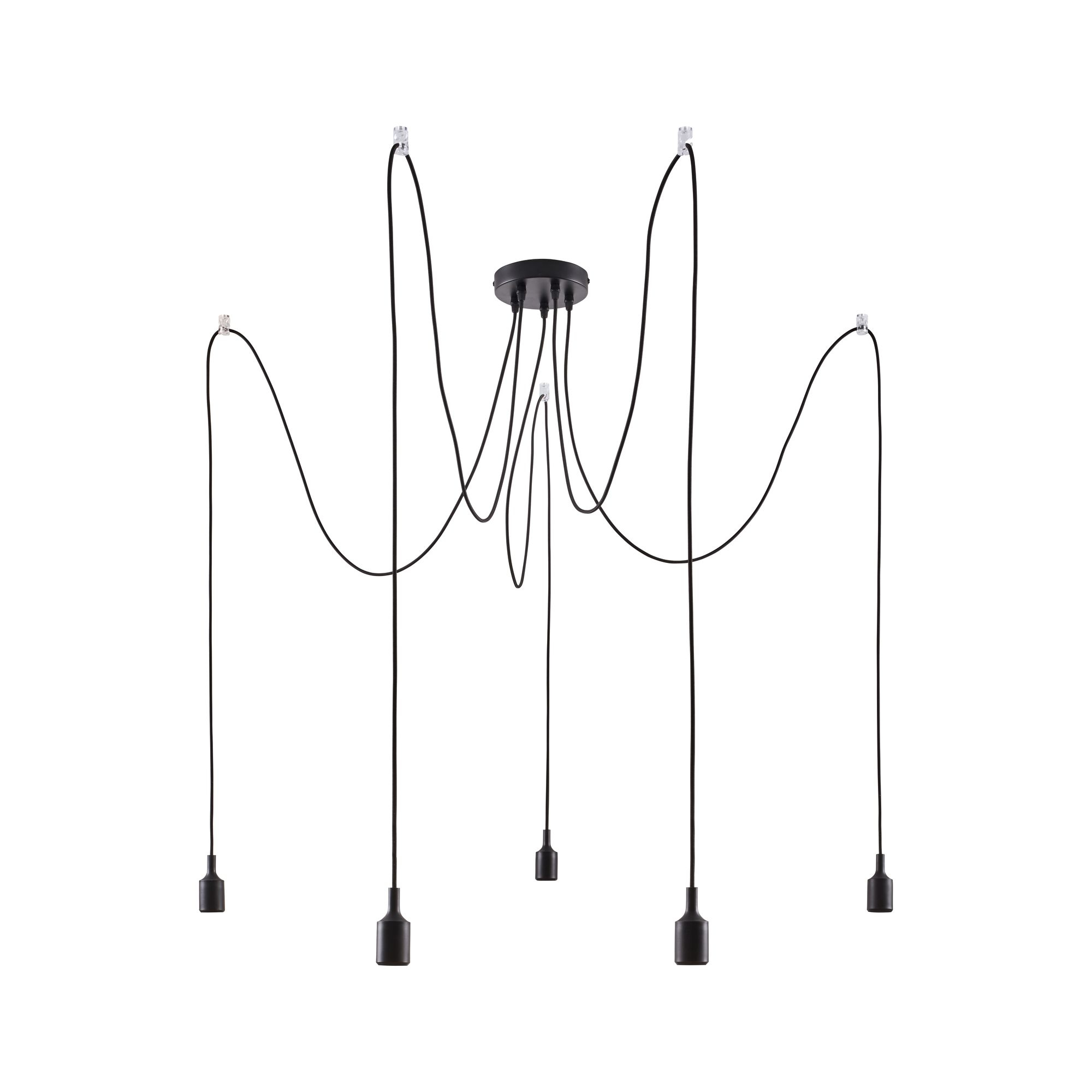 Luminaire suspendu avec 5 lumières à cordon noir attachées à une fixation centrale noire.