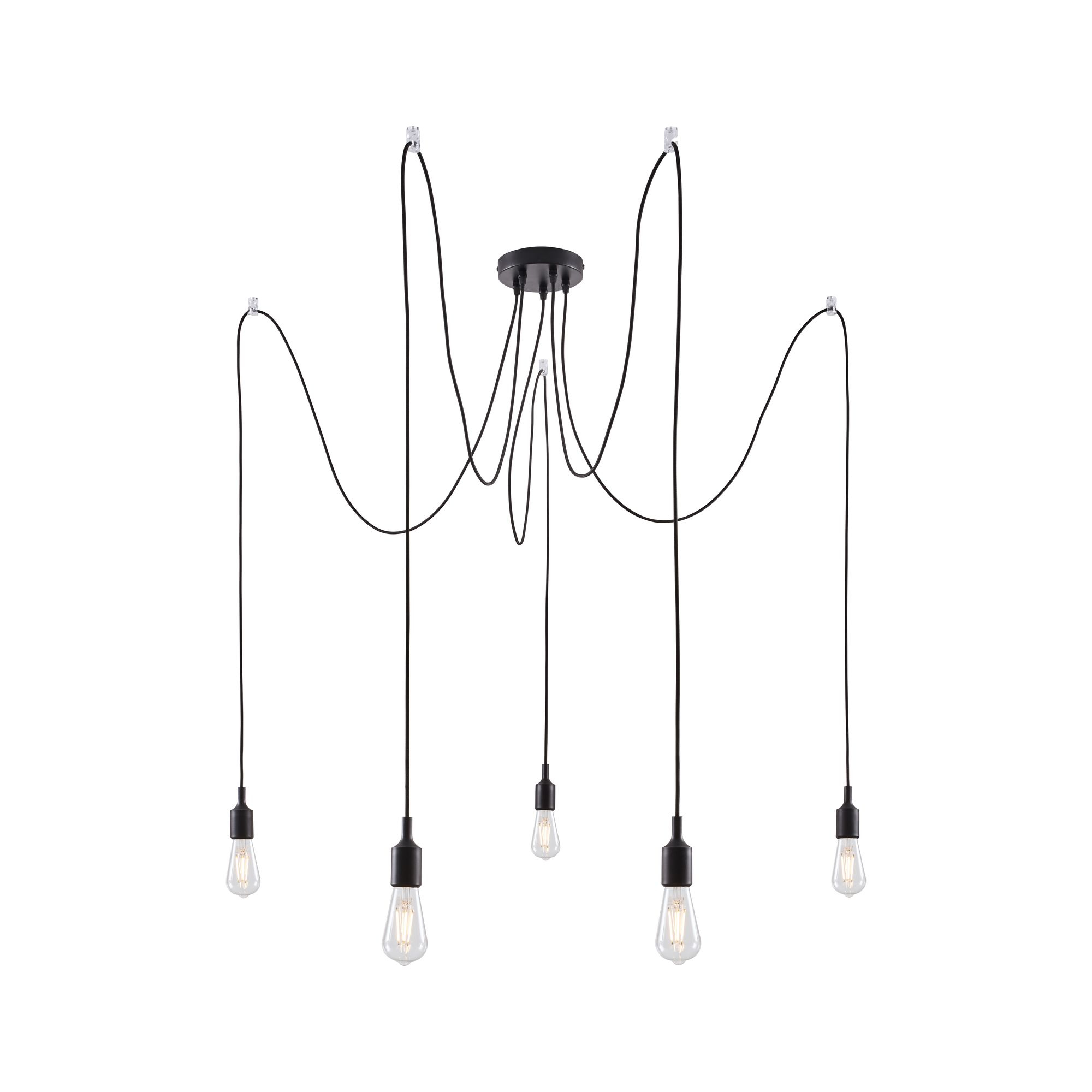 Plafonnier avec 5 lampes suspendues, chacune avec une ampoule. Fond blanc.