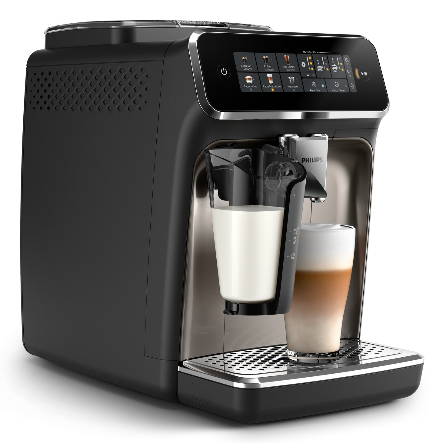 Eine schwarze und silberne Kaffeemaschine mit Milchbehälter und Glas.