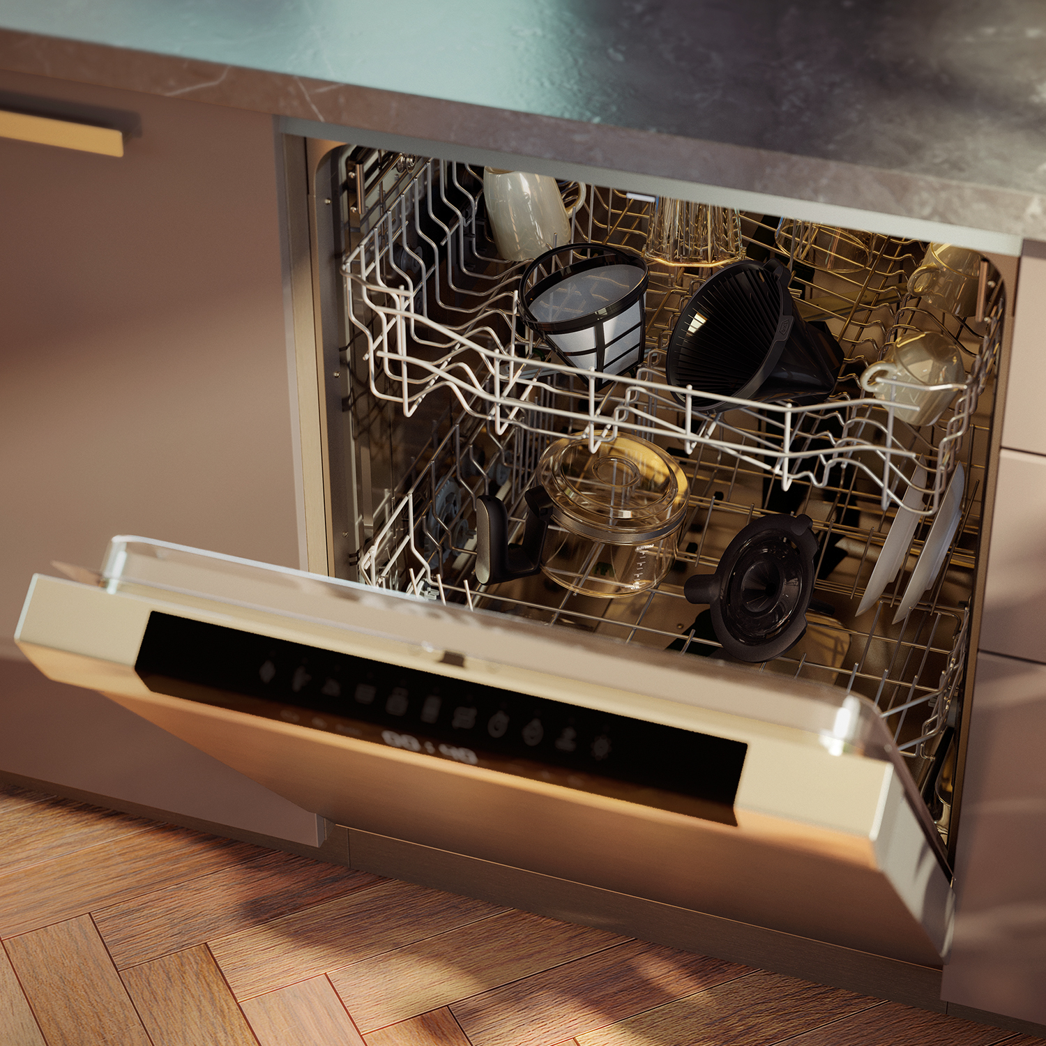 Otwarta zmywarka z naczyniami, kubkami i sztućcami w środku.