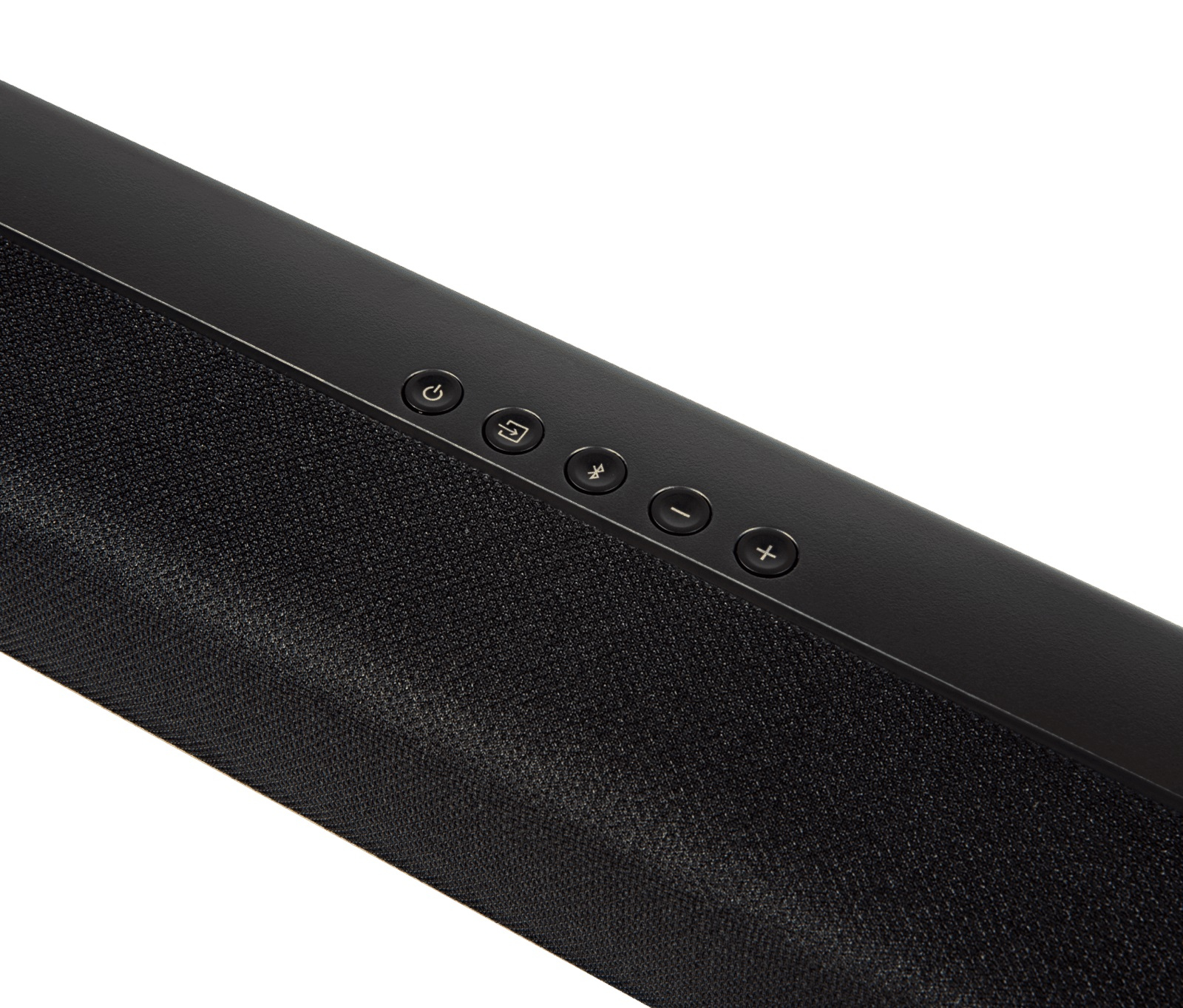 Nahaufnahme einer Soundbar mit Ein-/Aus-, Bluetooth- und Lautstärketasten.