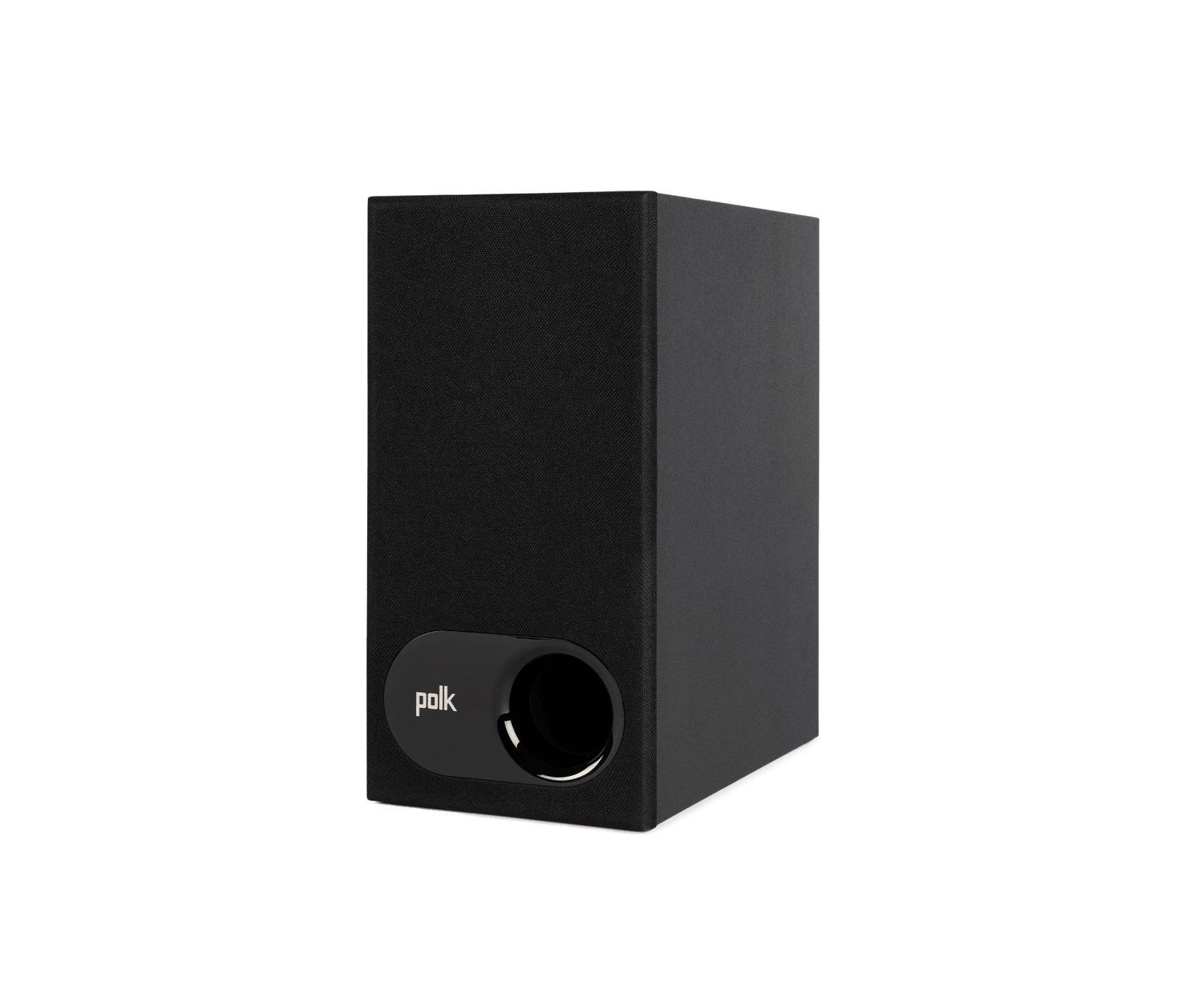 Schwarzer Polk-Subwoofer-Lautsprecher, Seitenansicht, auf weißer Oberfläche.