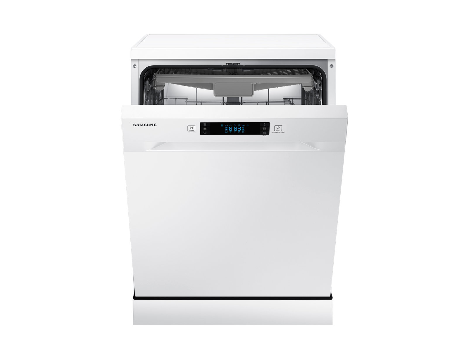 Biała zmywarka z otwartymi drzwiami, wnętrzem i panelem sterowania.