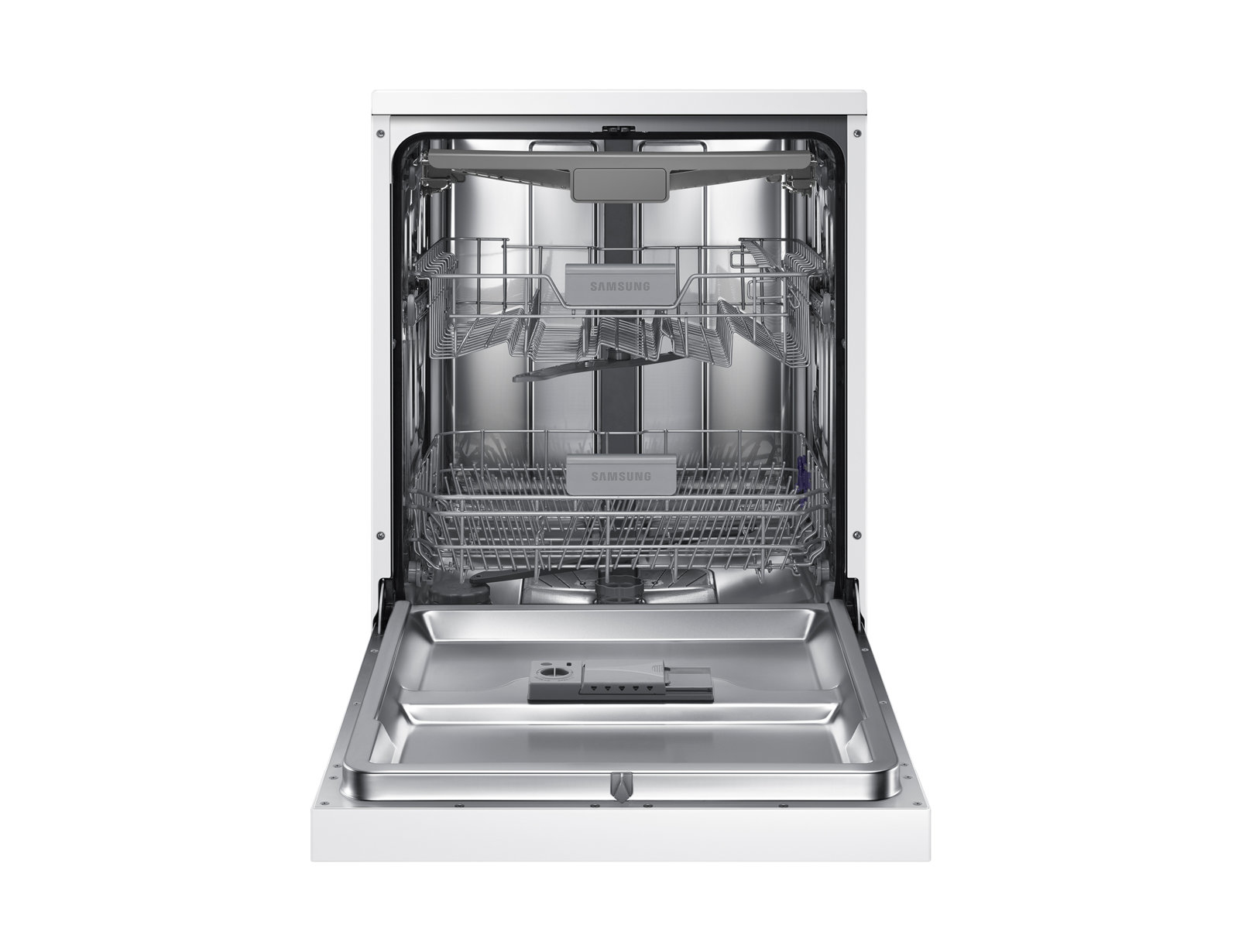 Biała zmywarka Samsung z otwartymi drzwiami, pokazująca kosze i wnętrze.