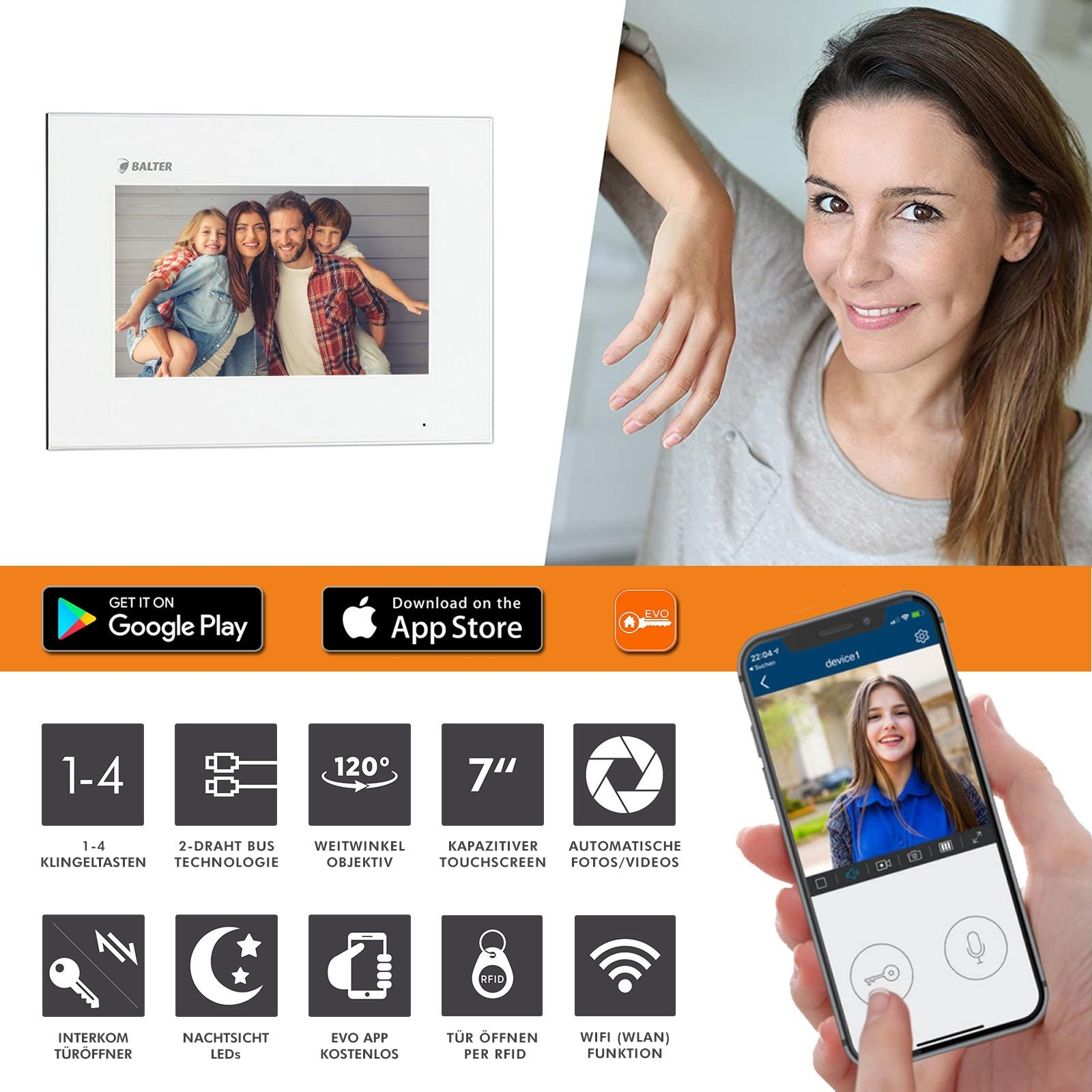 Ein Smart-Home-Gerät mit Familienfoto, Telefon-App und Symbolen.