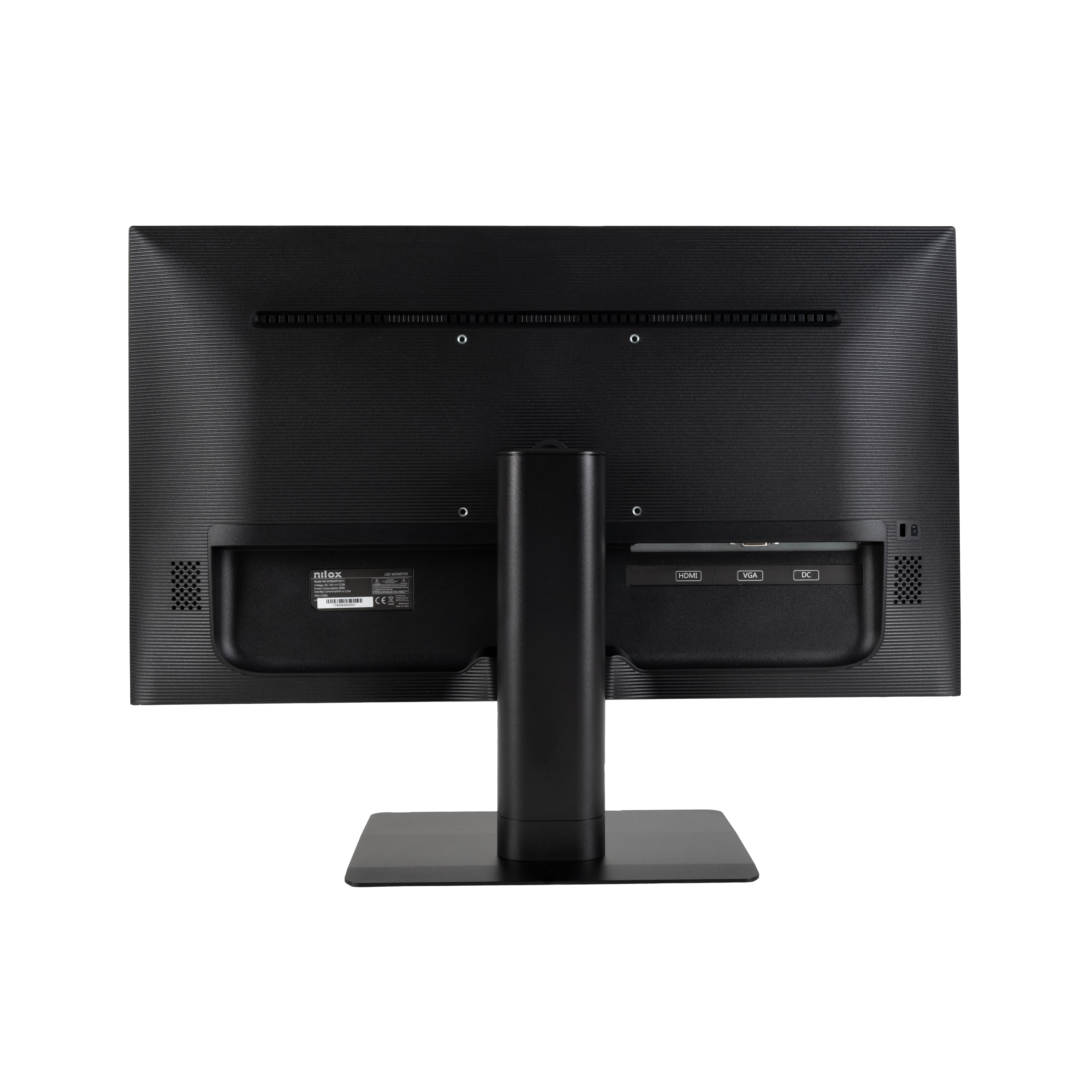 Retro di un monitor nero che mostra porte e supporto, su sfondo bianco.
