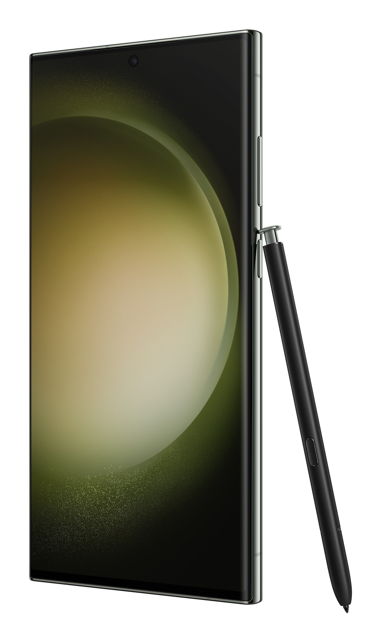 Smartphone plateado con un bolígrafo adjunto, vista en ángulo contra un fondo blanco.