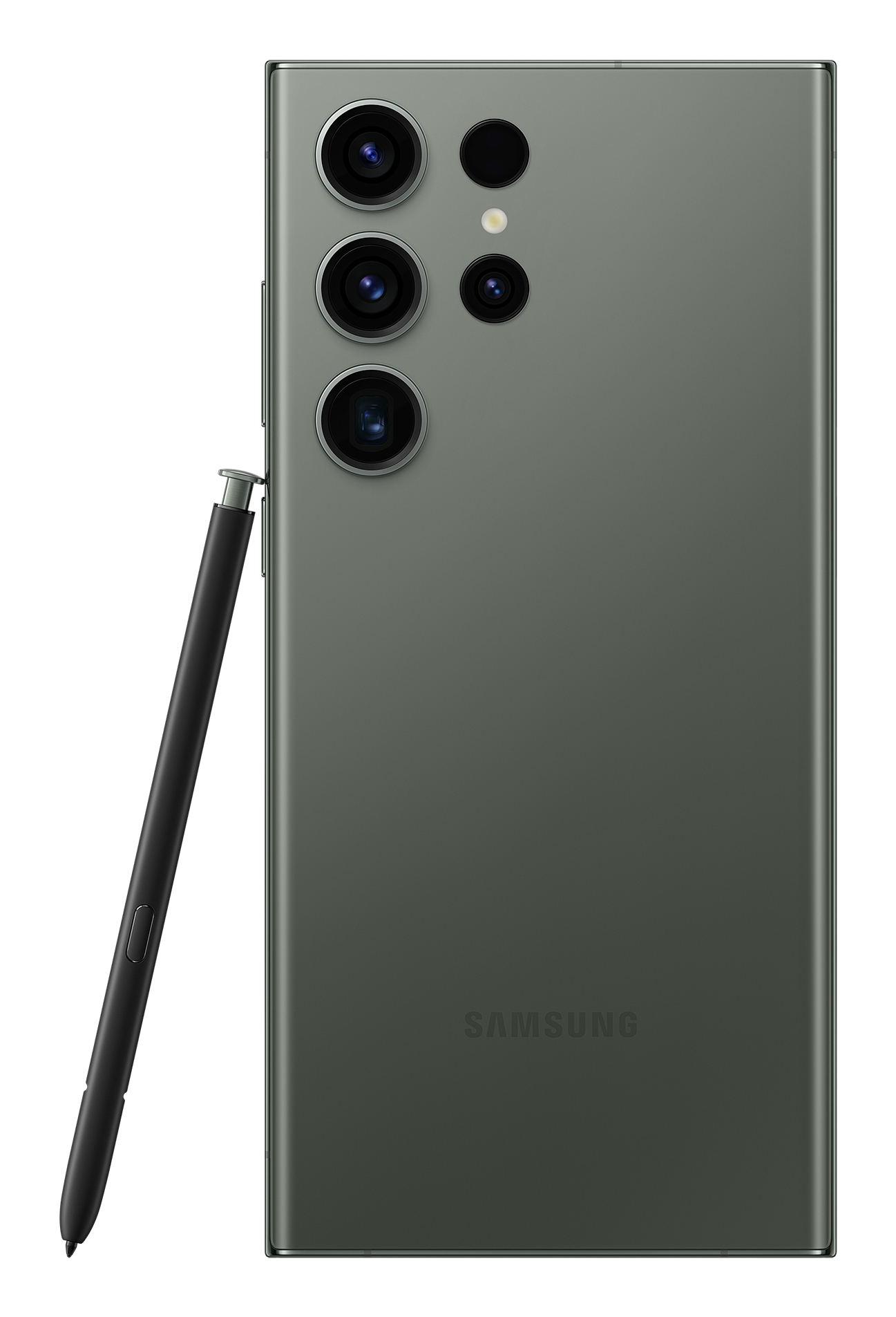 Parte trasera de un teléfono Samsung gris con varias cámaras, lápiz óptico a la izquierda.