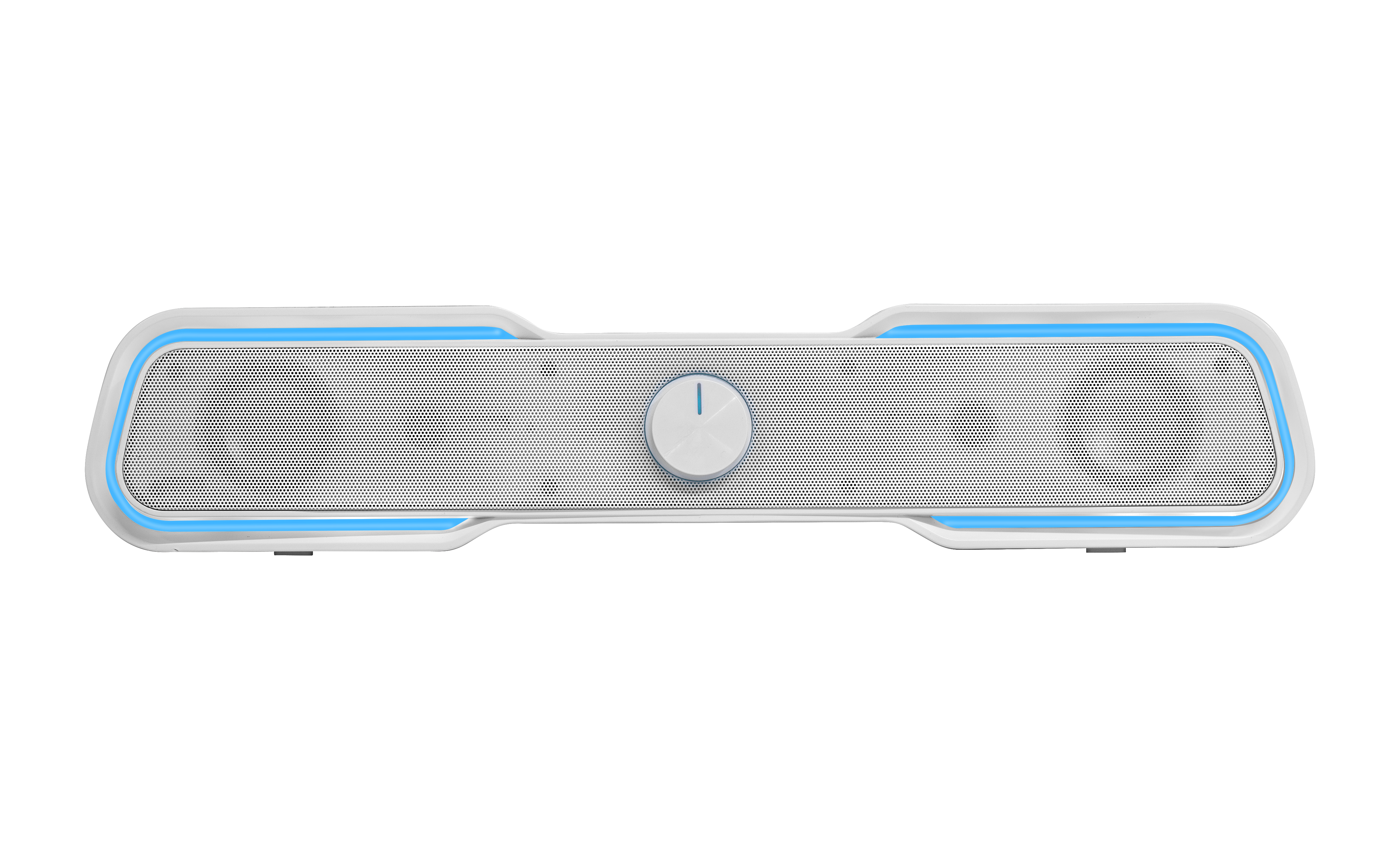 Una soundbar bianca e blu. Ha una manopola del volume circolare al centro.