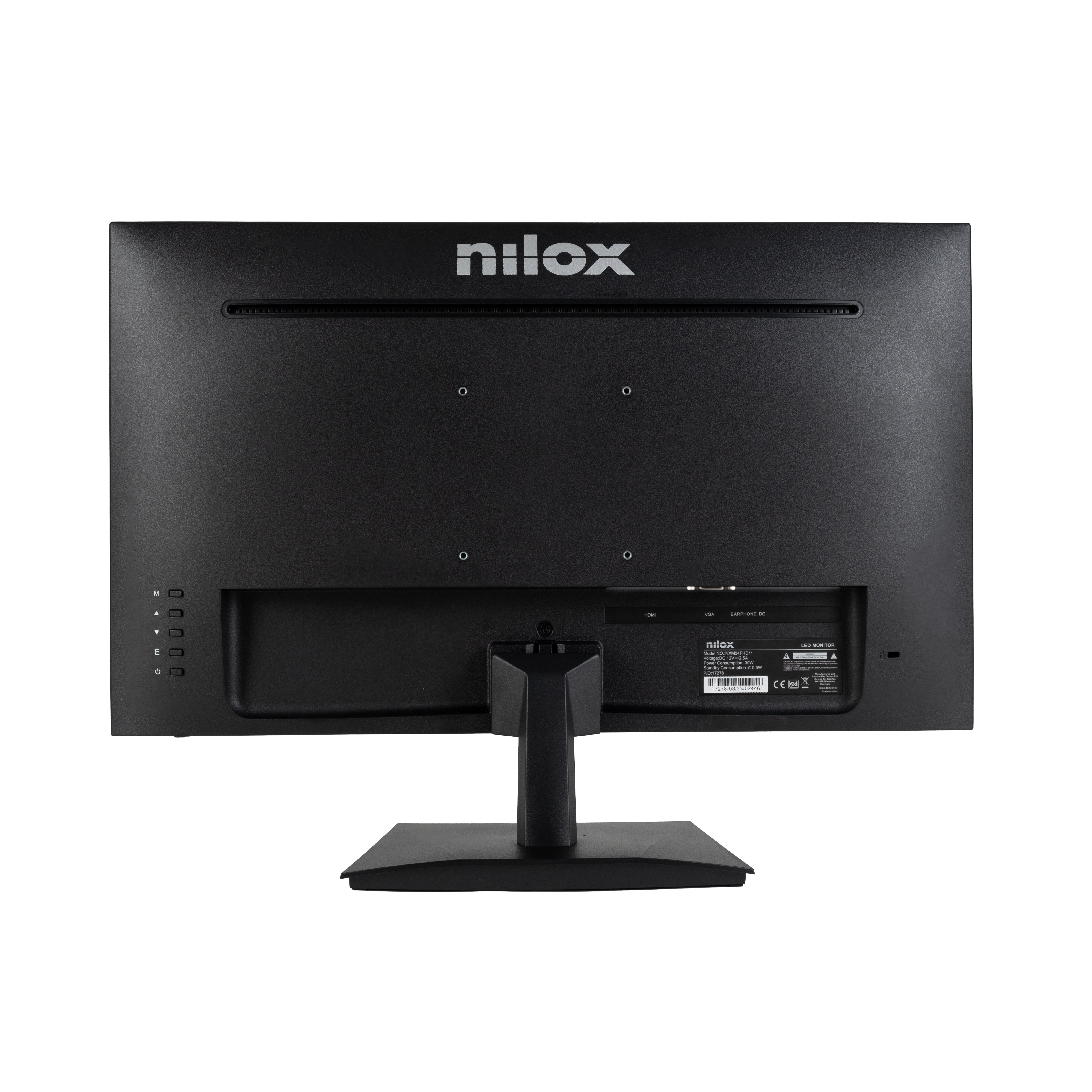 Rückansicht eines schwarzen Nilox-Monitors mit Markennamen oben.