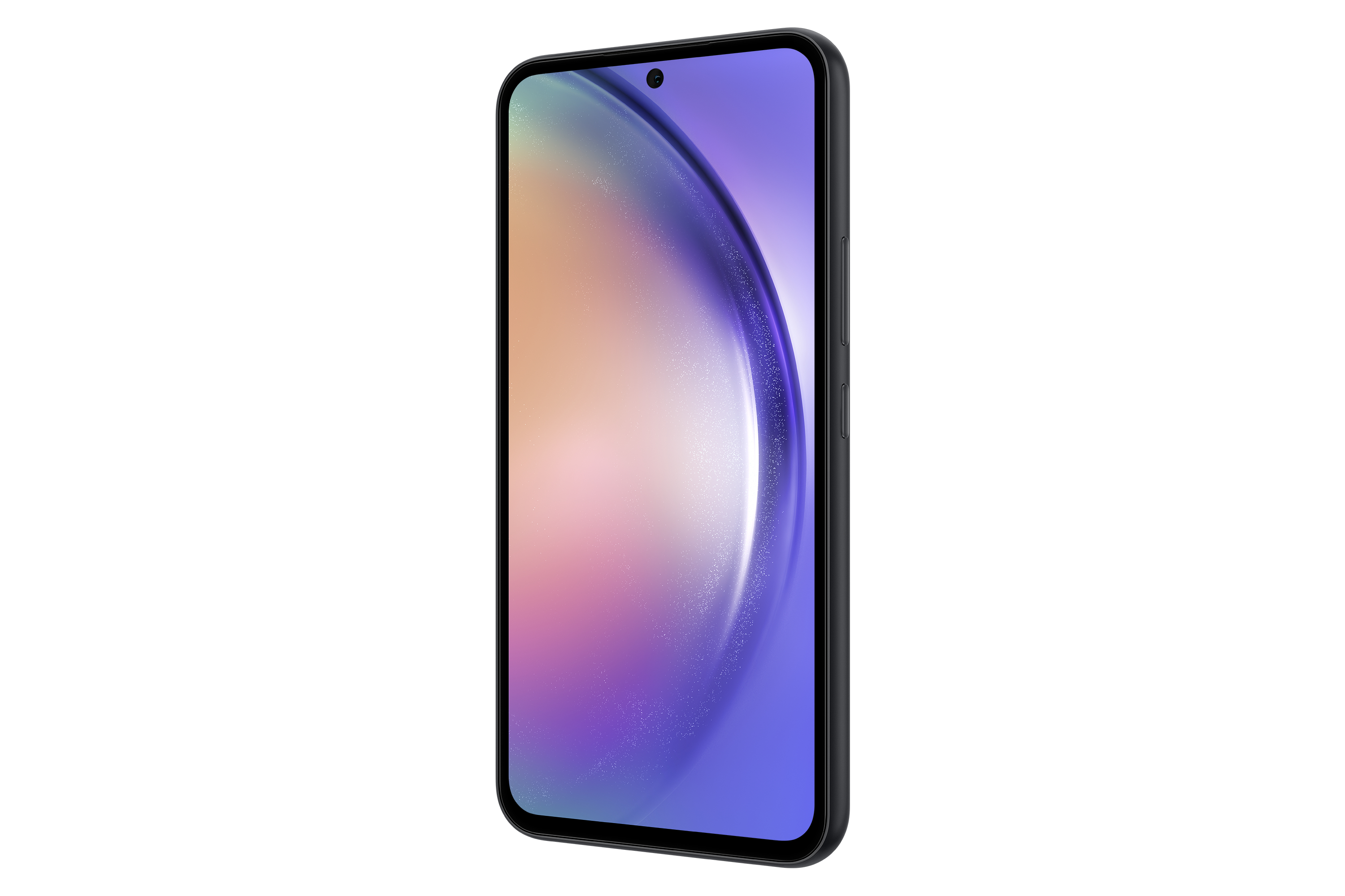 Un teléfono inteligente en una funda azul oscuro, que muestra una pantalla con un fondo degradado.