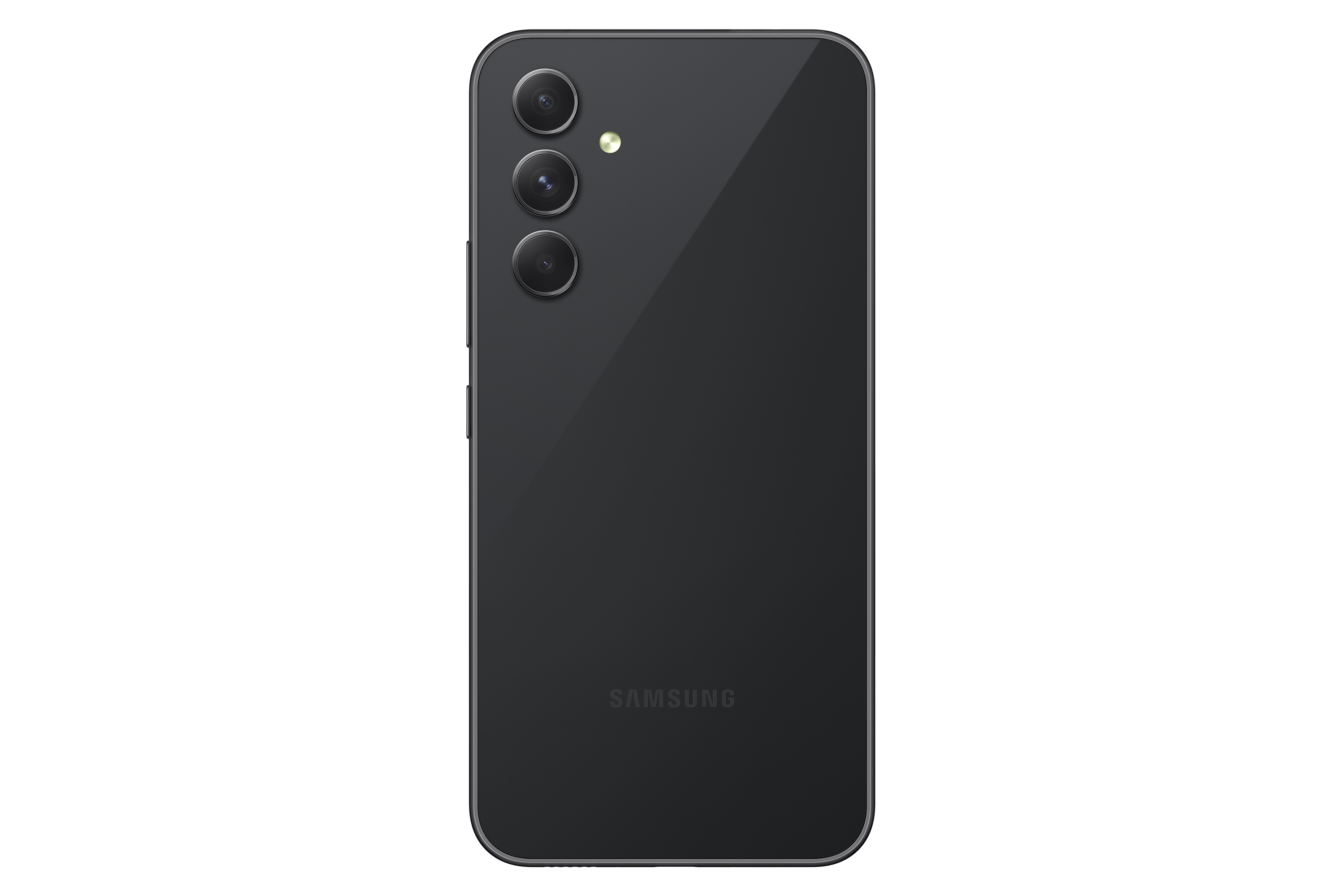 Parte trasera de un smartphone negro. Tres cámaras arriba a la izquierda. Logo Samsung abajo.