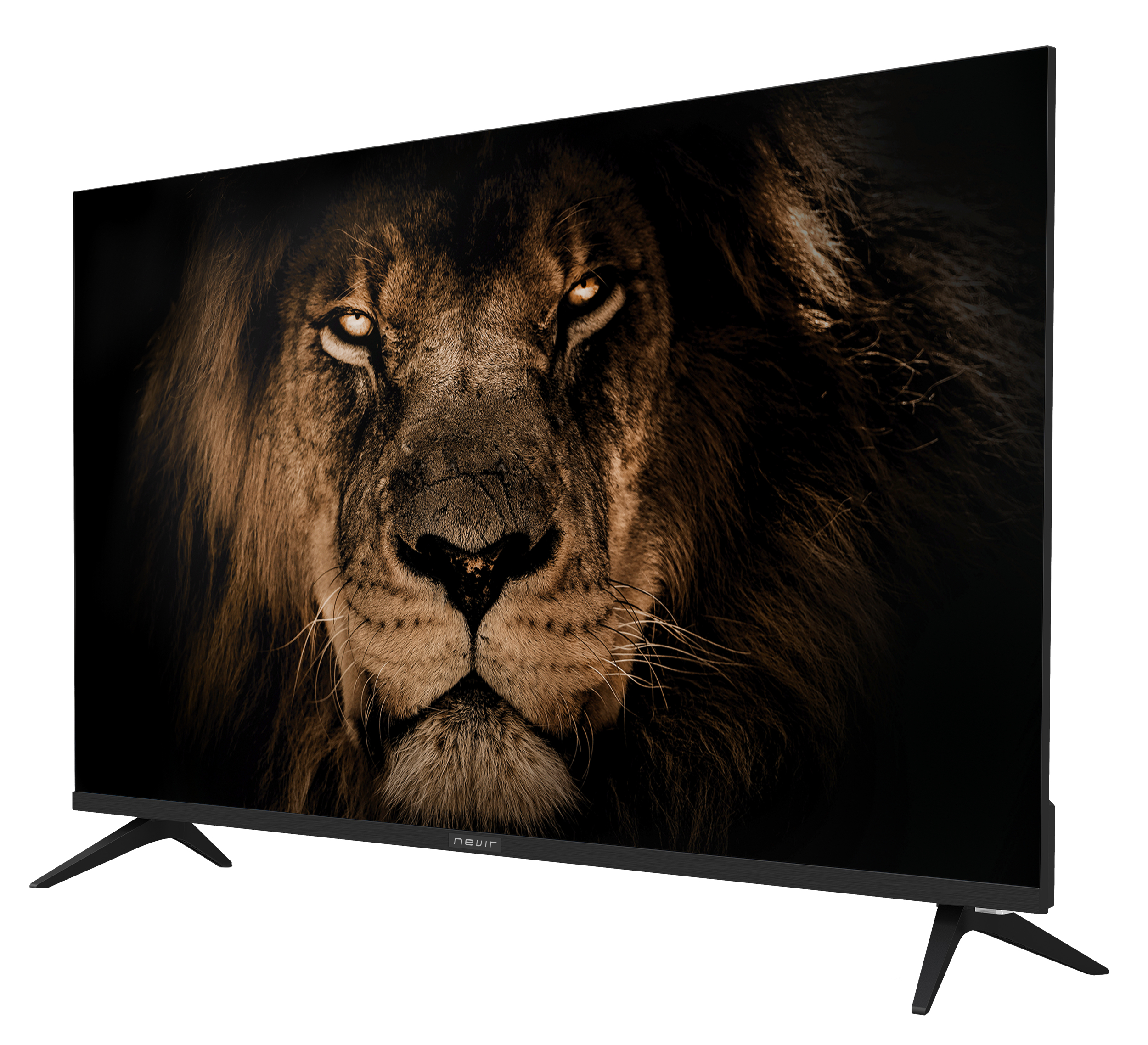 Pantalla de TV grande mostrando una imagen de primer plano de la cara de un león.