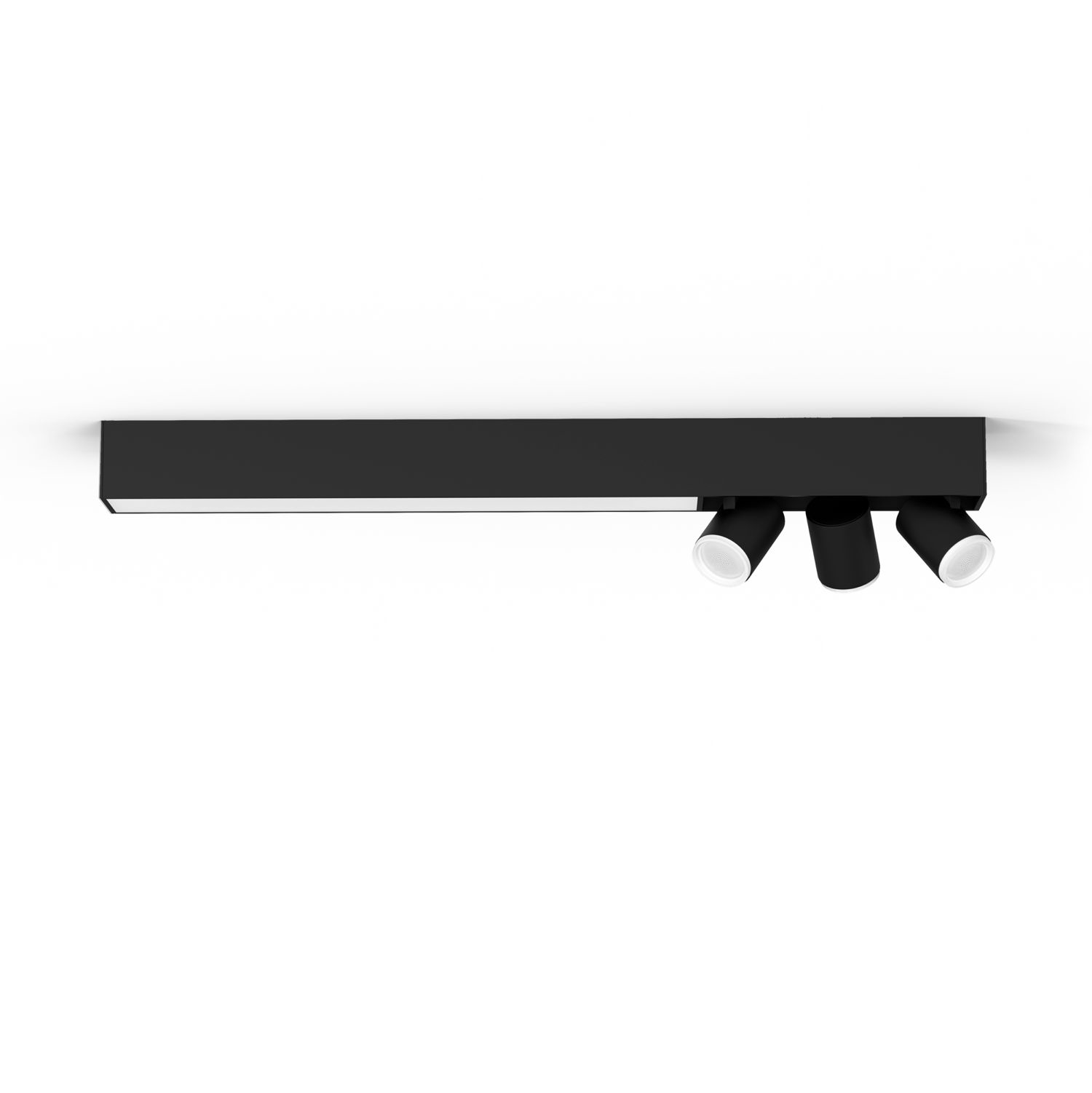 Apparecchio di illuminazione nero montato a soffitto con tre faretti orientabili.