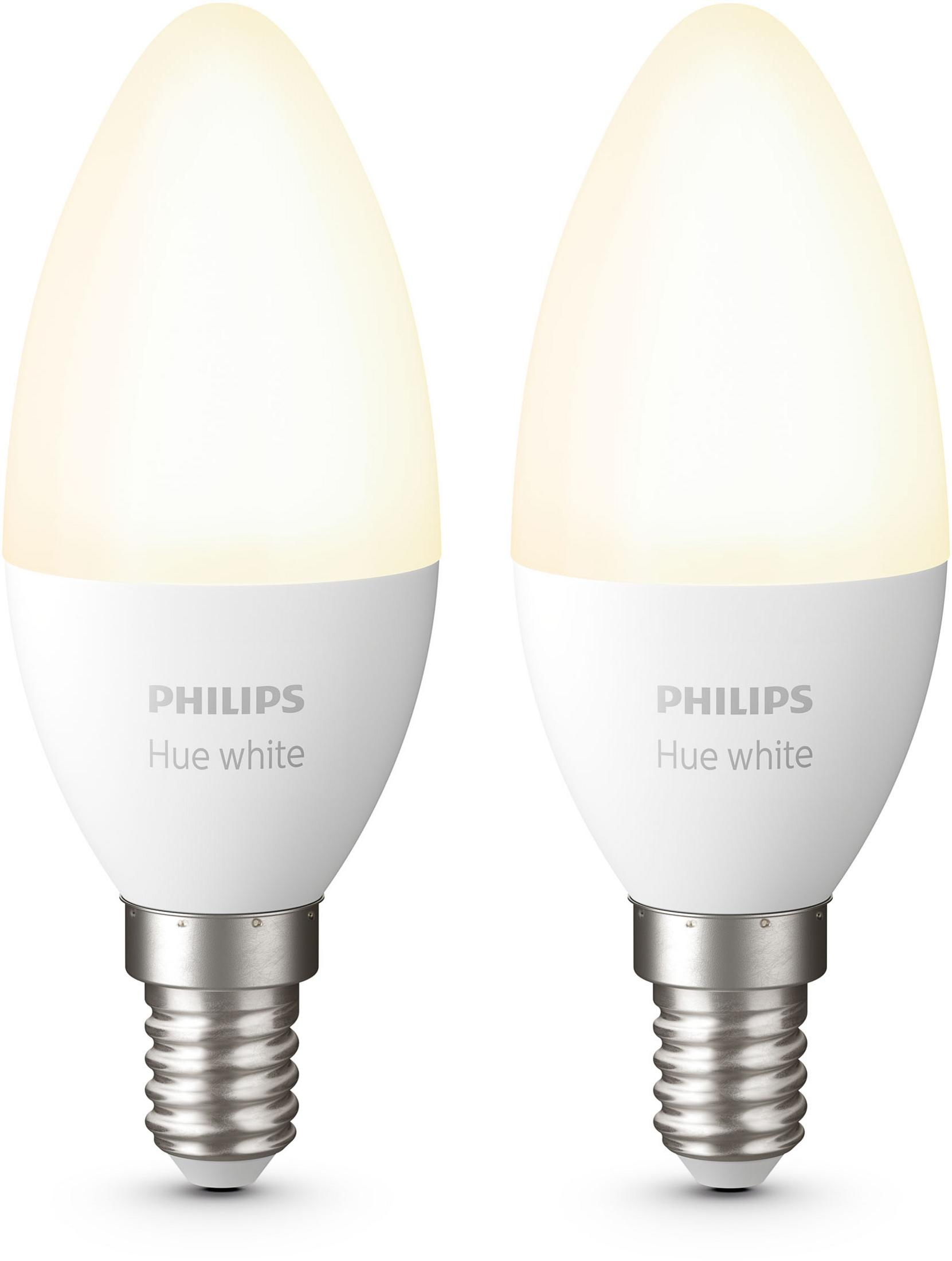 Dwie białe i srebrne żarówki Philips Hue białe, z wyraźnie widoczną marką.