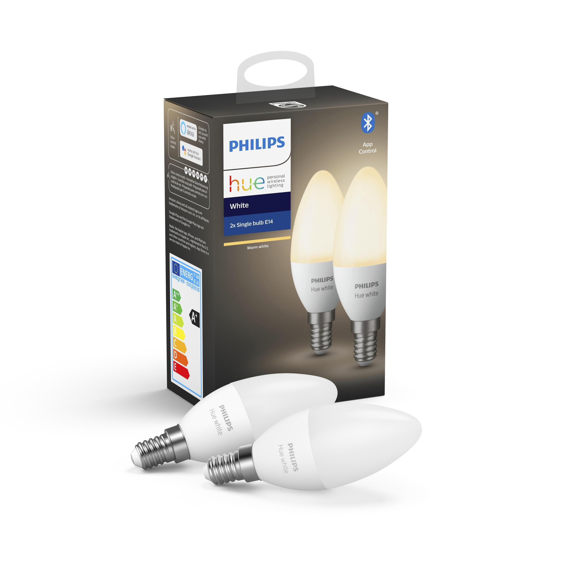Dwie białe żarówki Philips Hue w pudełku.