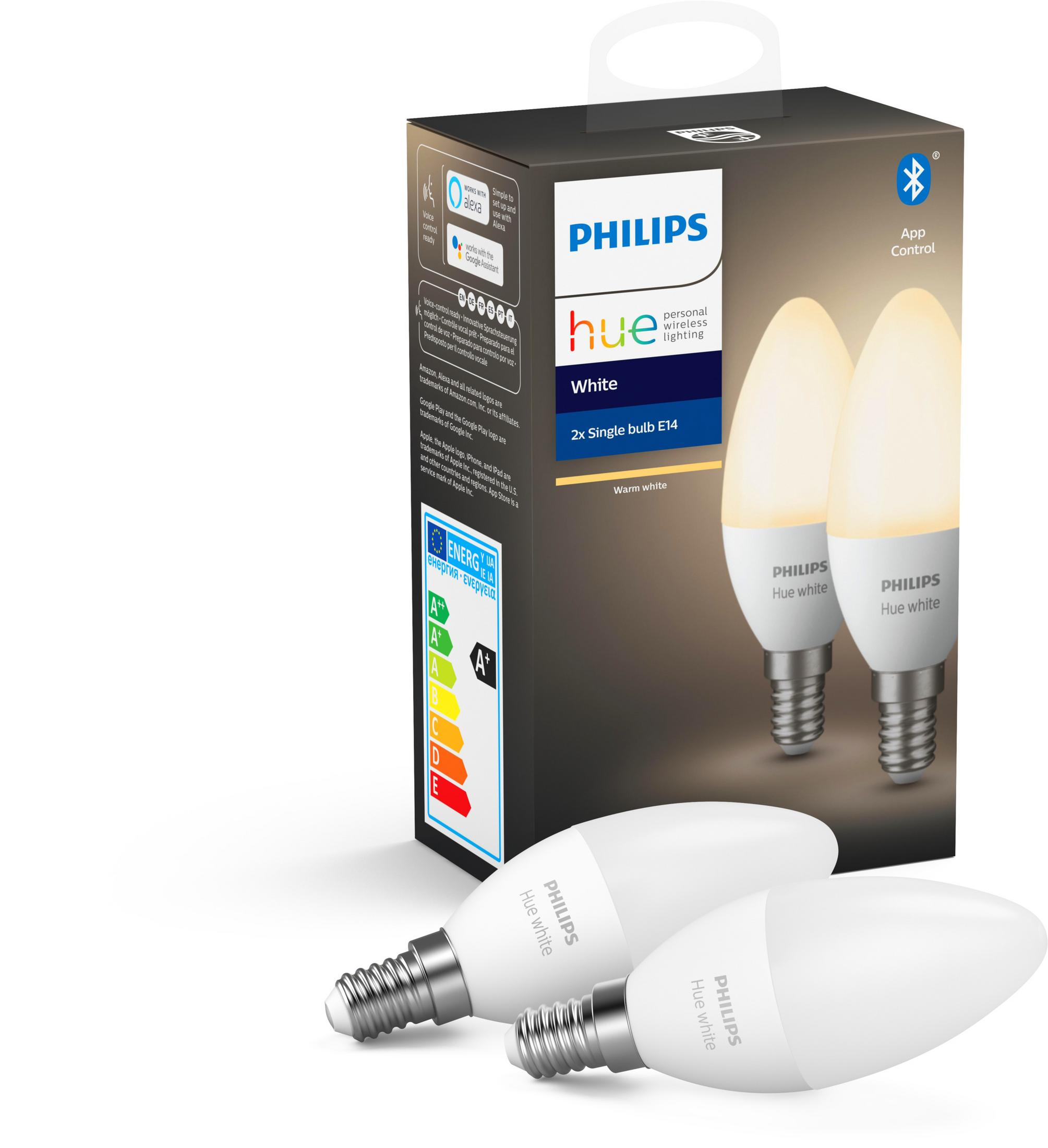 Dwie żarówki LED Philips Hue w pudełku z opisem produktu.